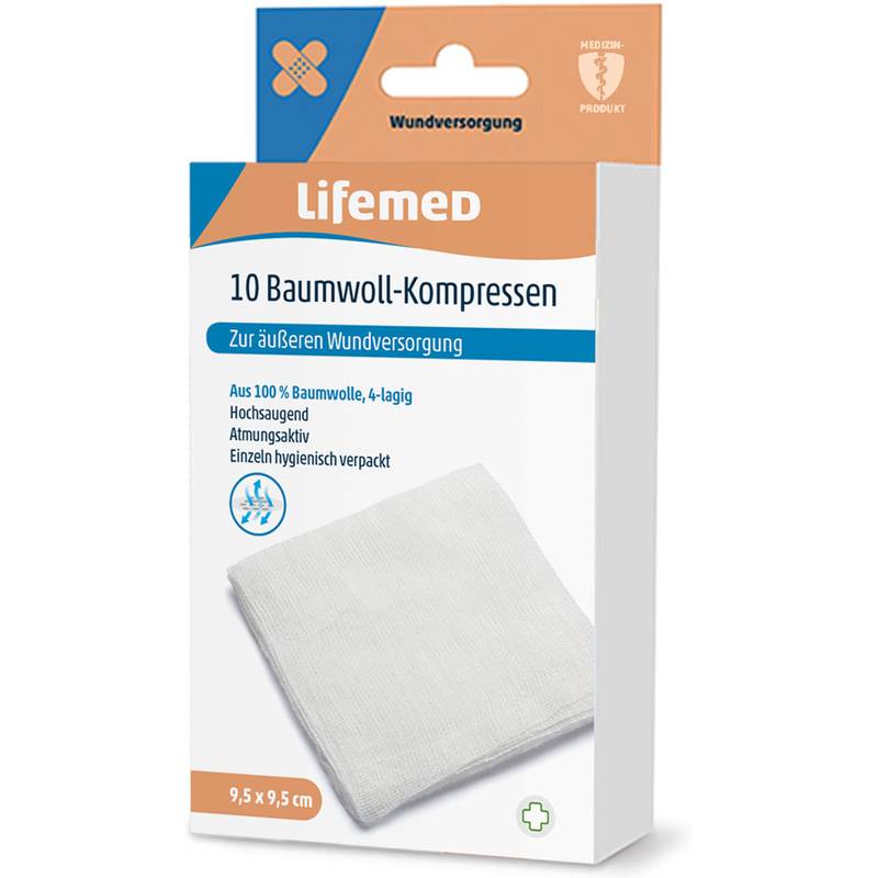 Lifemed Baumwoll-Kompressen, 95 x 95 mm, weiß