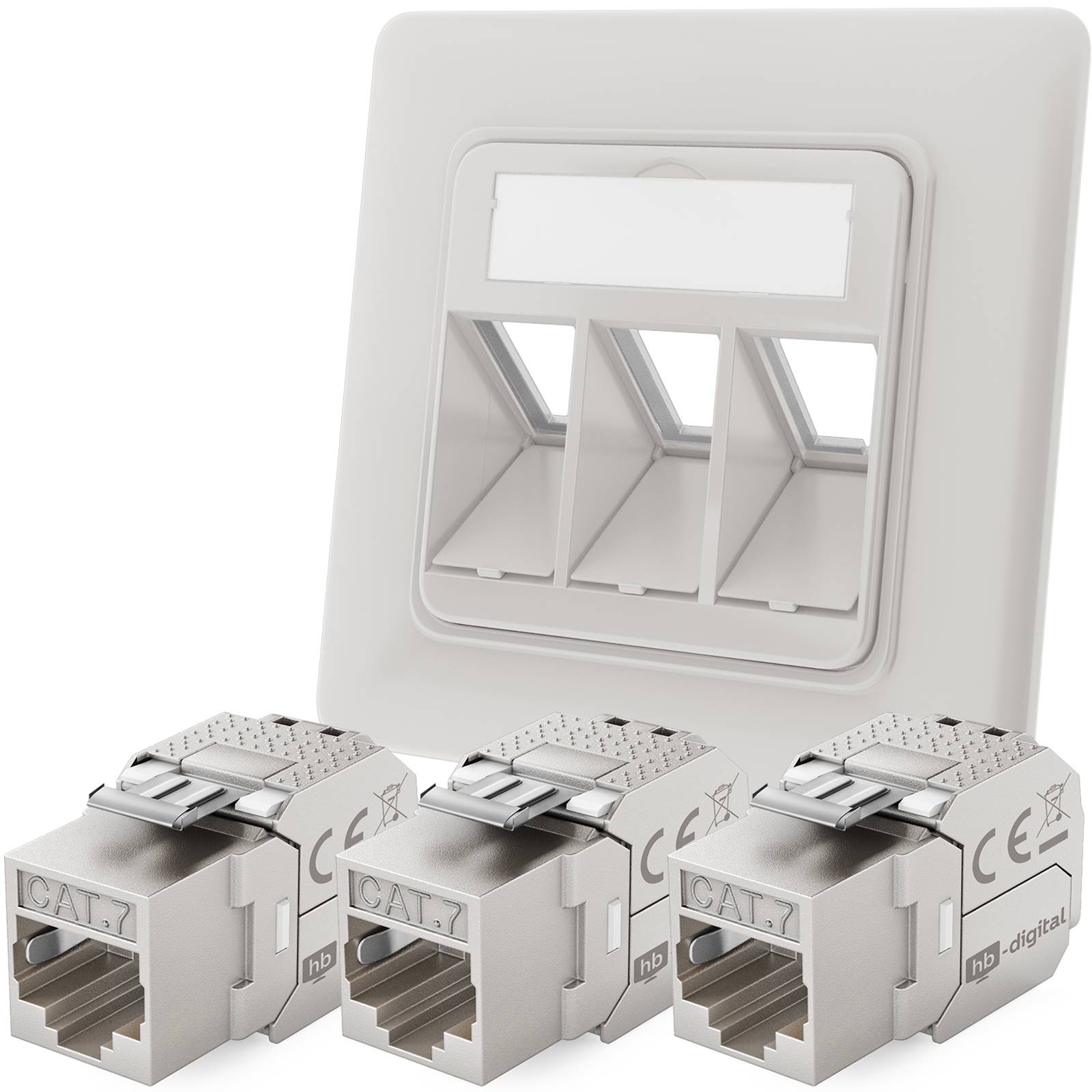 hb-digital Netzwerk Dose mit 3 x Keystone Modul CAT 7 Patchdose RJ45 Unterputz RAL9003