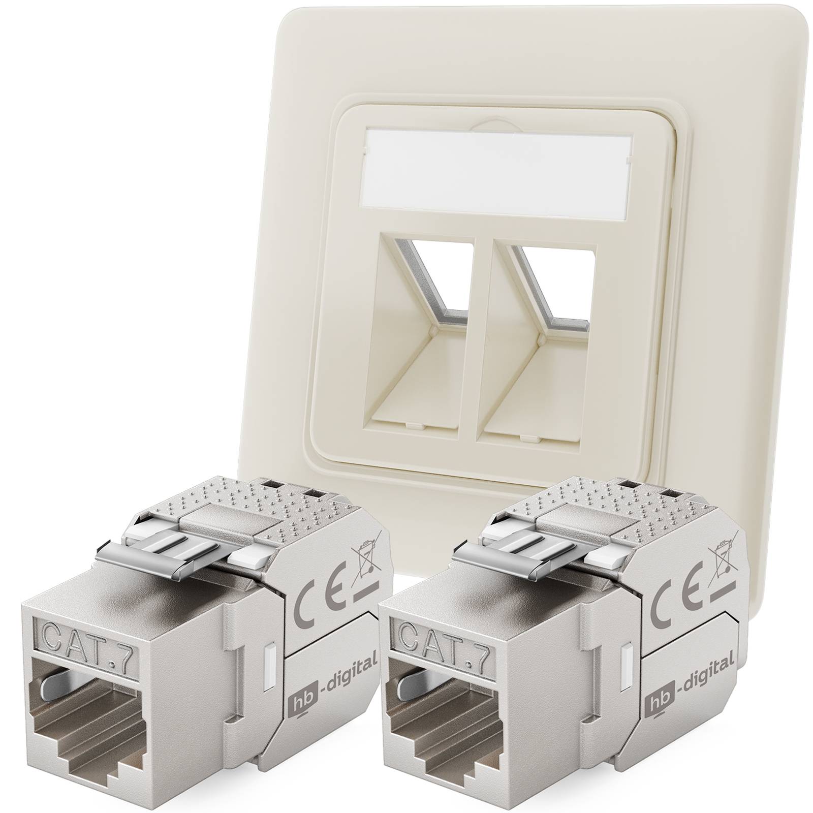 hb-digital Netzwerk Dose mit 2 x Keystone Modul CAT 7 LAN Dose RJ45 Unterputz RAL9010
