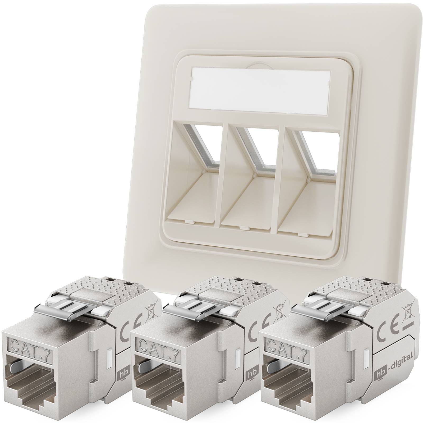 hb-digital Netzwerk Dose mit 3 x Keystone Modul CAT 7 Lan Steckdose RJ45 Unterputz RAL9010
