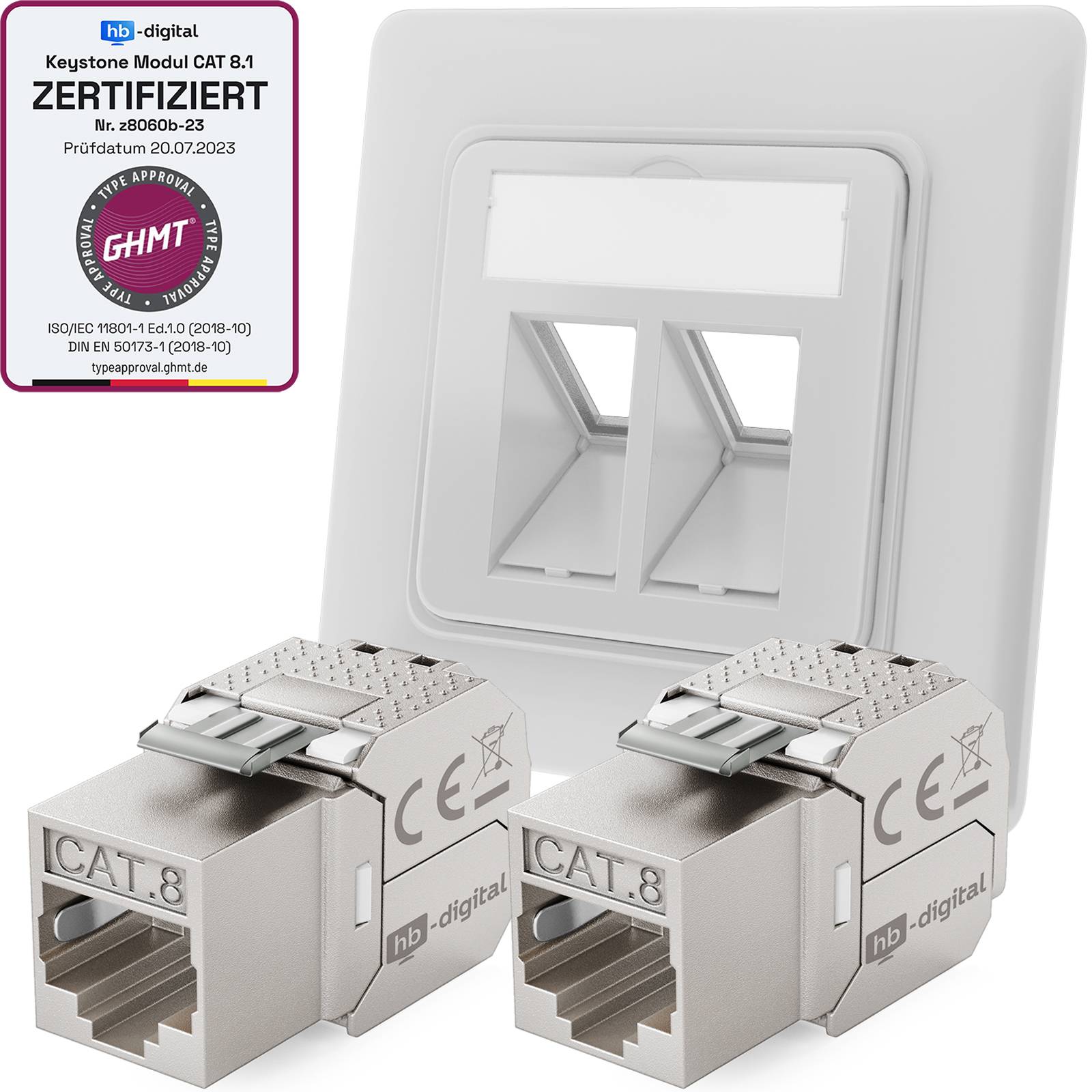 hb-digital Netzwerk Dose mit 2 x Keystone Modul CAT 8 Patch Dose RJ45 Unterputz RAL9003