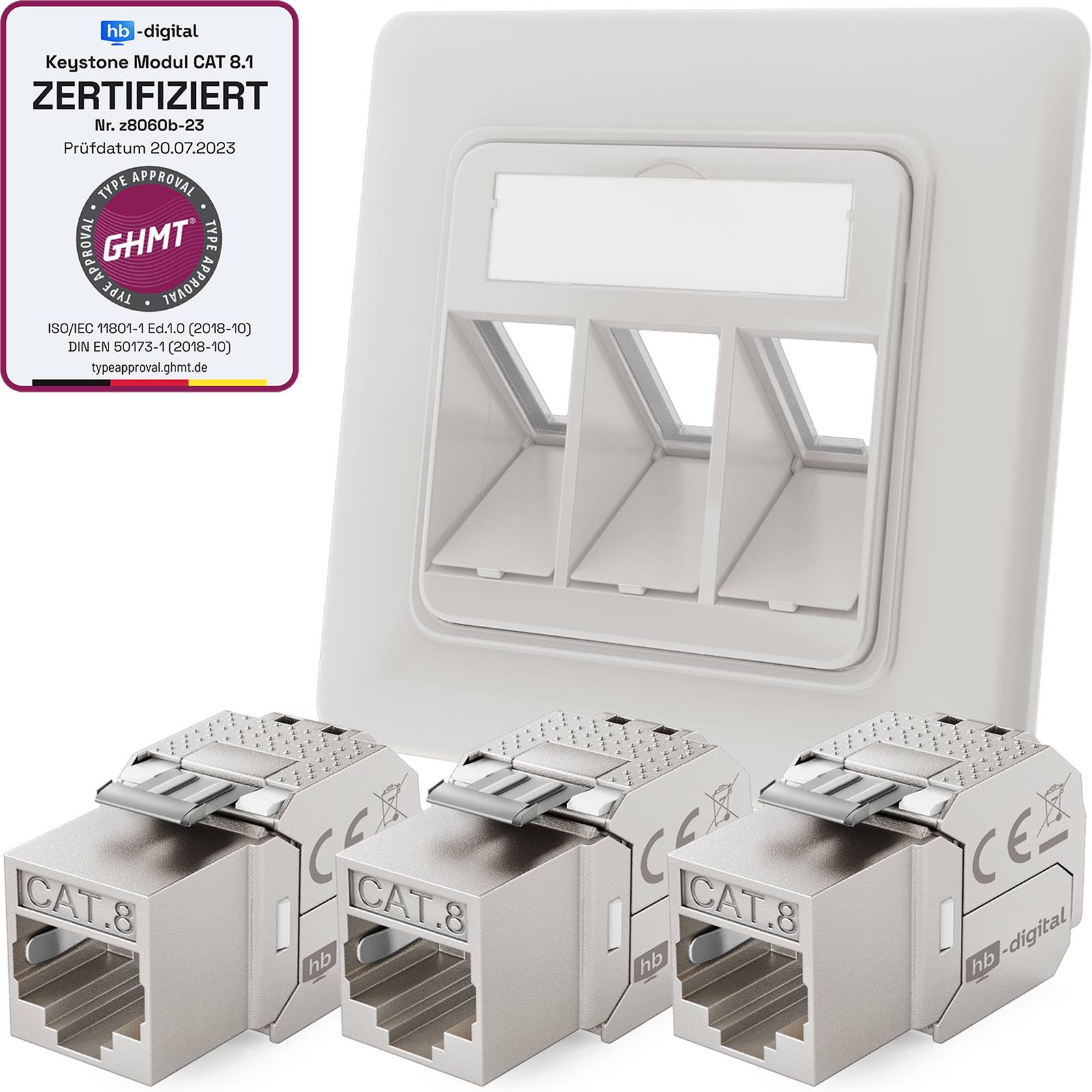 hb-digital Netzwerk Dose mit 3 x Keystone Modul CAT 8 Patchdose RJ45 Unterputz RAL9003