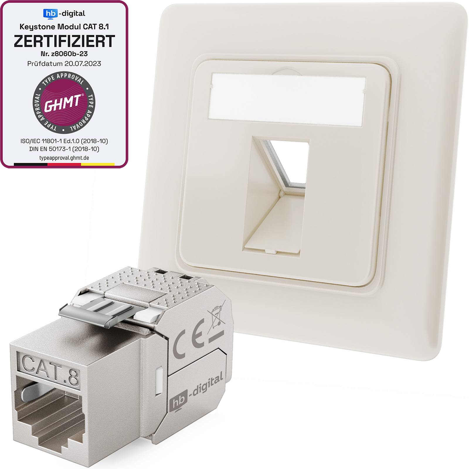 hb-digital Netzwerkdose 1 Port mit 1 x Keystone Modul CAT 8 Daten Dose RJ45 Unterputz RAL9010