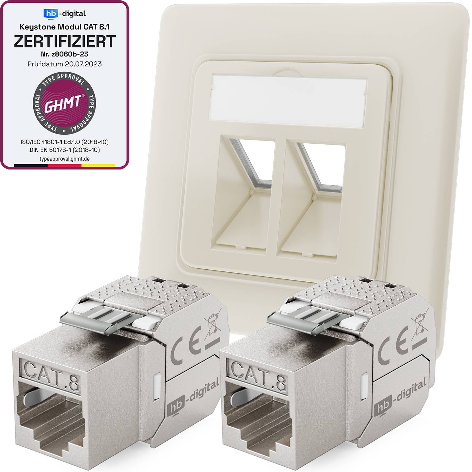 hb-digital Netzwerk Dose mit 2 x Keystone Modul CAT 8 LAN Dose RJ45 Unterputz RAL9010