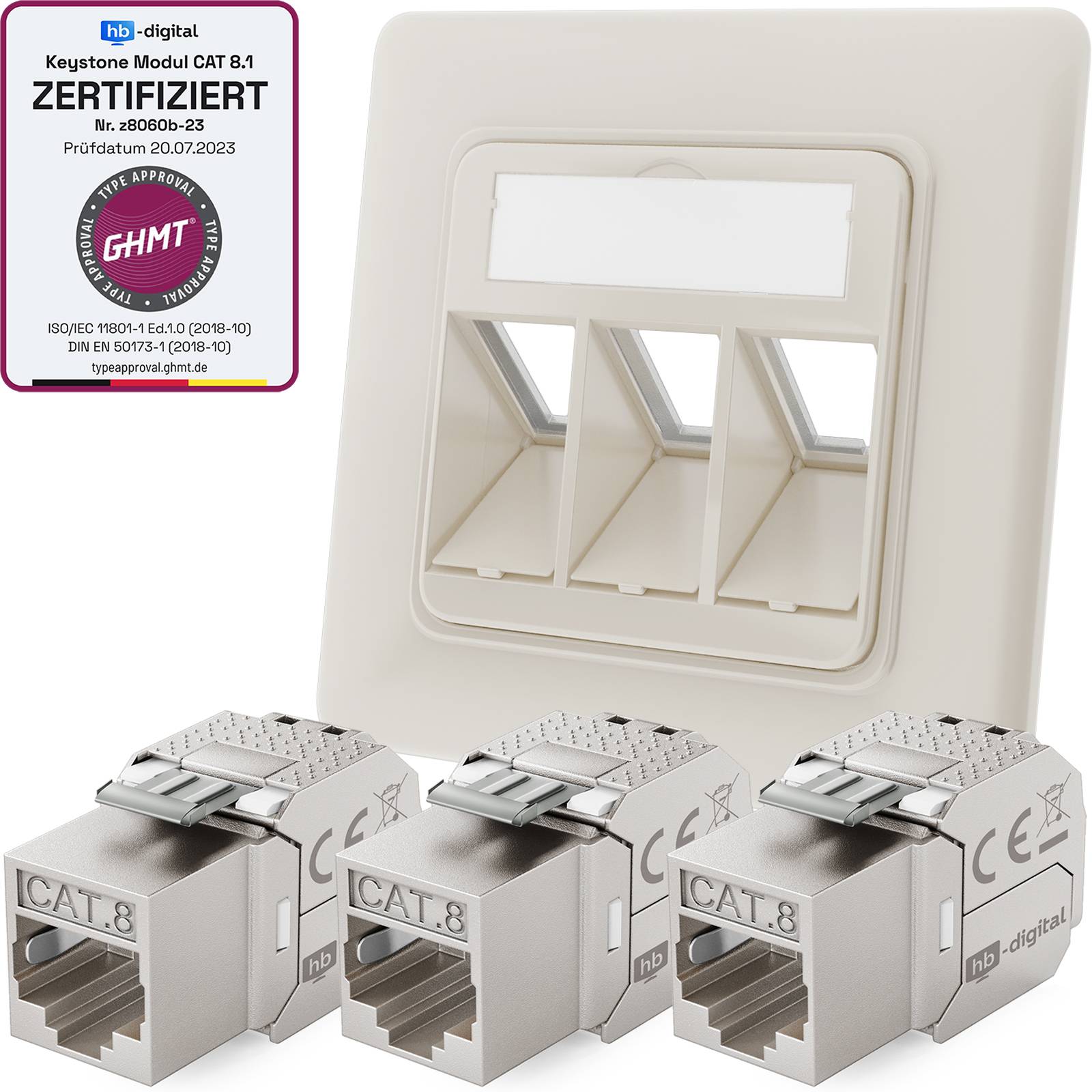 hb-digital Netzwerk Dose mit 3 x Keystone Modul CAT 8 Lan Steckdose RJ45 Unterputz RAL9010