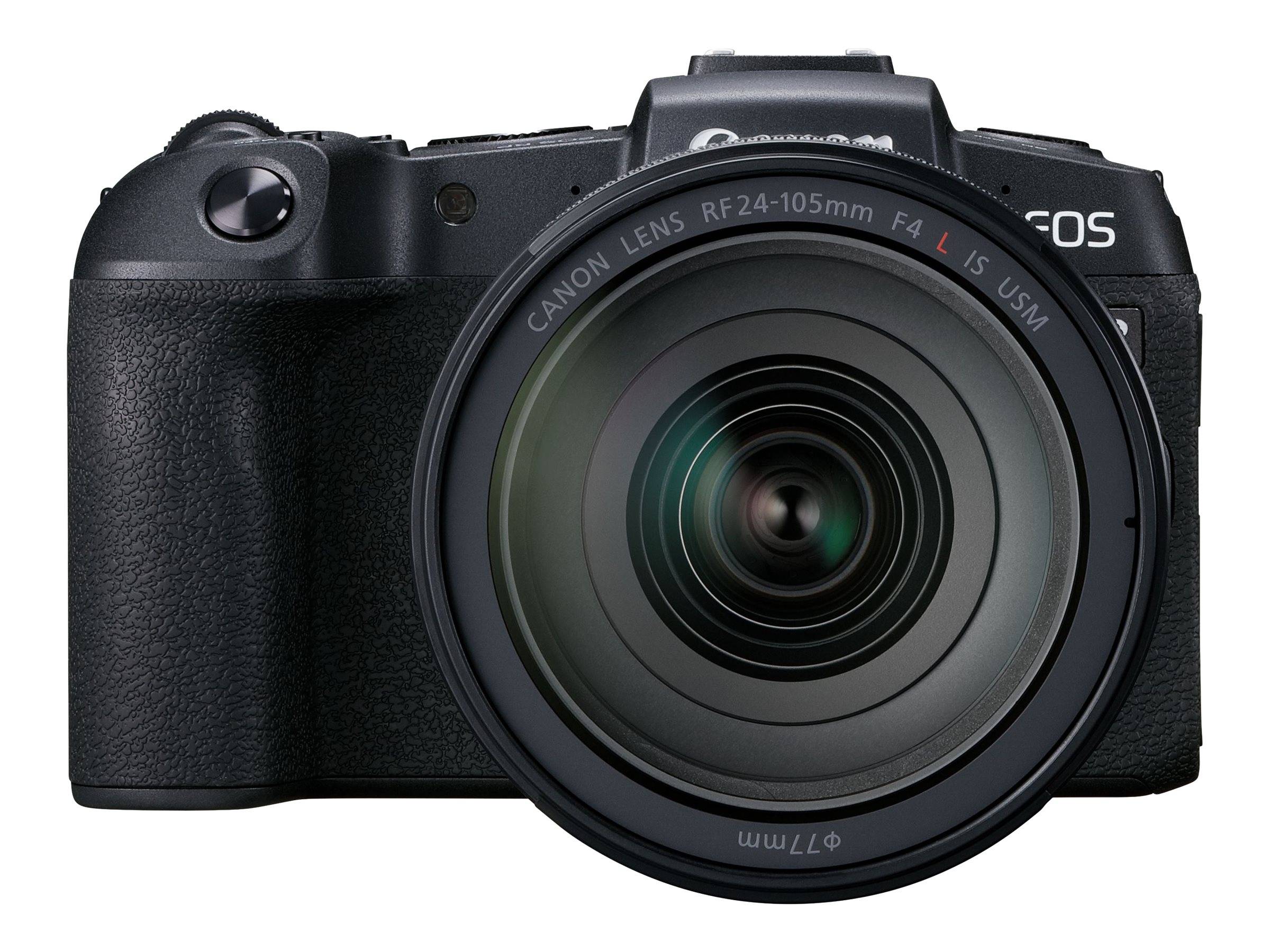 Frontansicht einer Canon EOS Spiegelloskamera mit einem großen 24-105mm-Objektiv auf weißem Hintergrund.