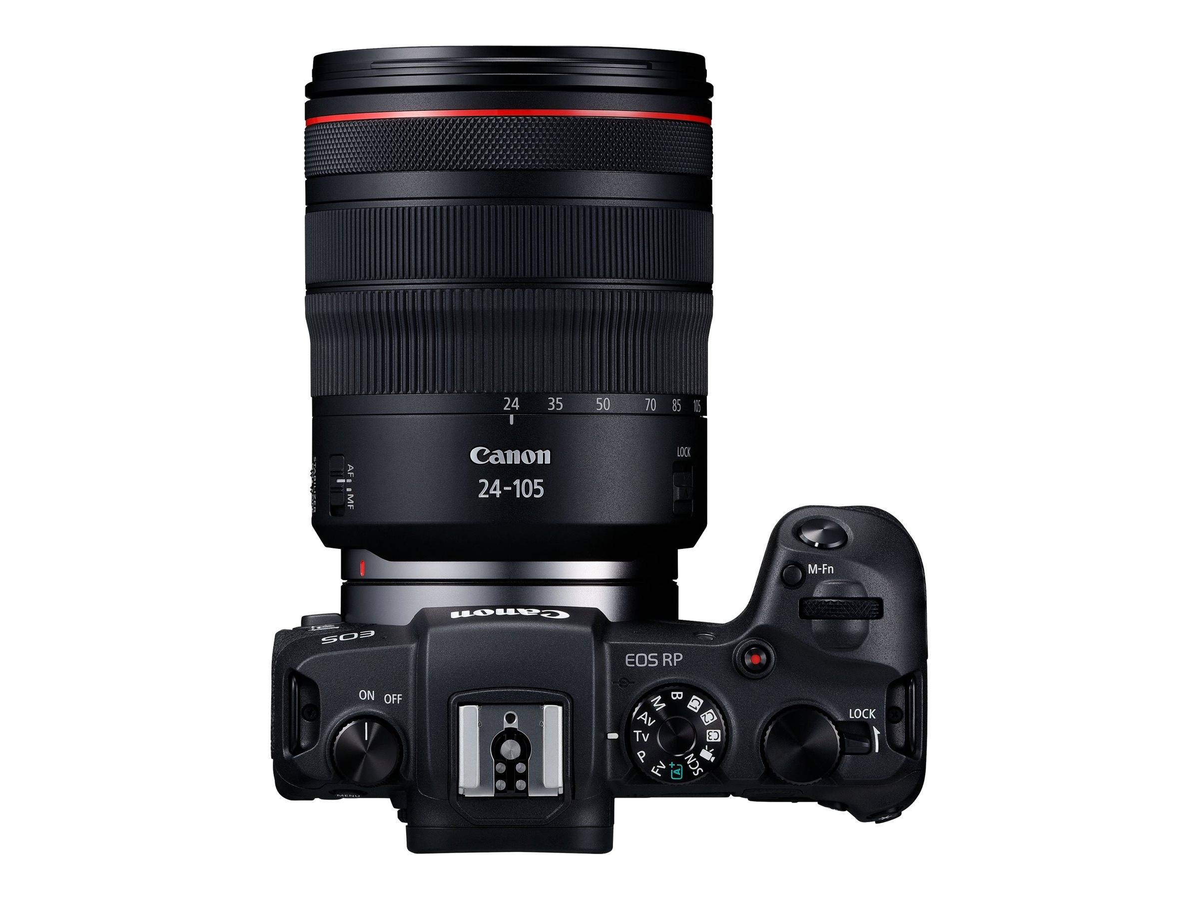 Canon EOS R5 Kamerabody mit angebrachtem 24-105mm Objektiv von oben auf weißem Hintergrund gezeigt.