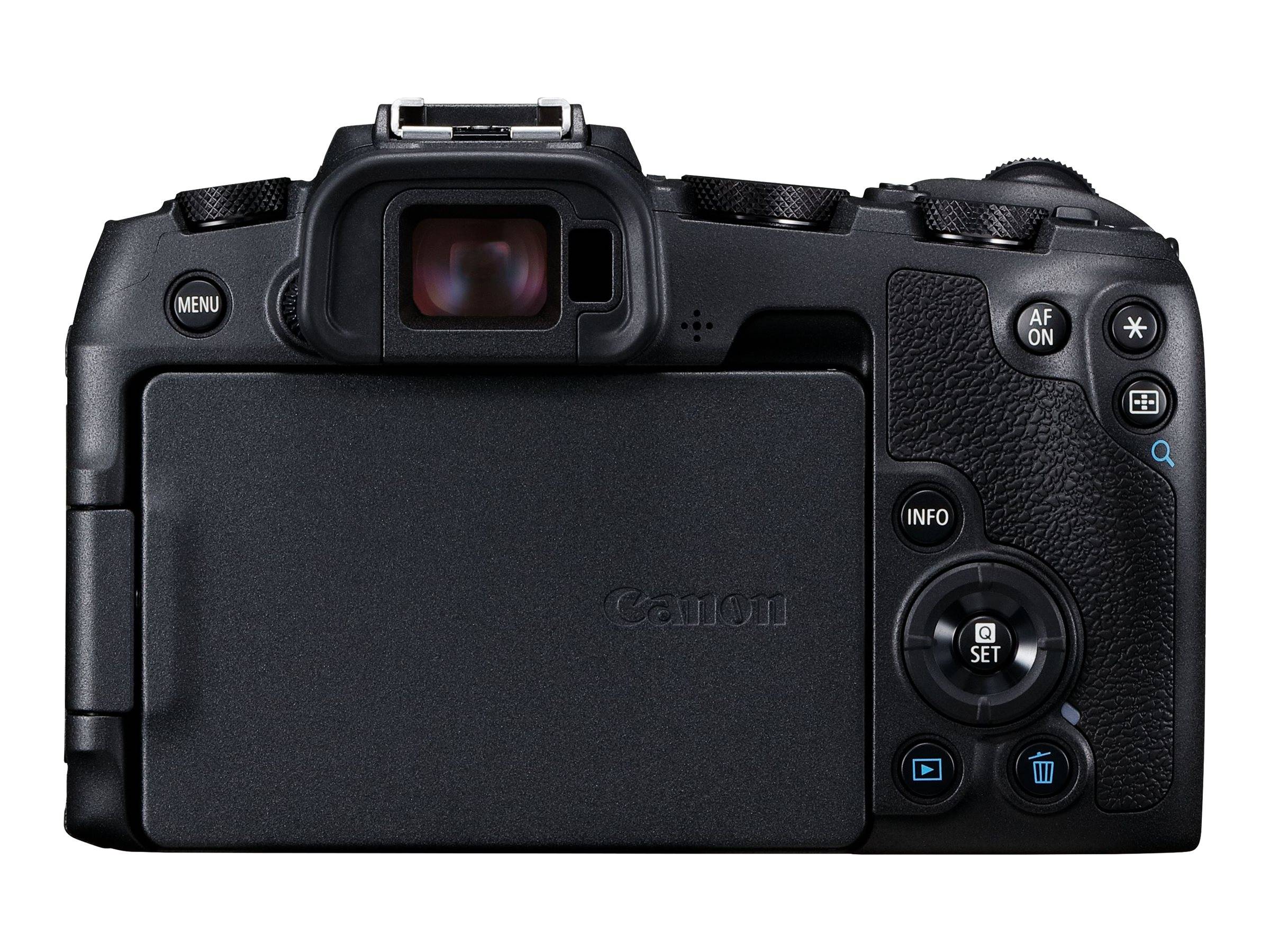 Rückansicht einer Canon-DSLR-Kamera mit geschlossenem LCD-Bildschirm, zentriertem Sucher und Steuertasten auf der rechten Seite.