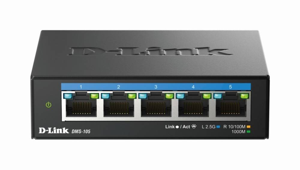 Ein schwarzer D-Link DMS-105 Netzwerk-Switch mit fünf nummerierten Ethernet-Ports, die jeweils LED-Anzeigen für Aktivität und Geschwindigkeitsstatus aufweisen.