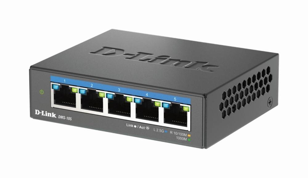 Ein schwarzer D-Link-Netzwerk-Switch mit fünf Ethernet-Ports, von 1 bis 5 beschriftet, Kontrollleuchten und Belüftung an der Seite.