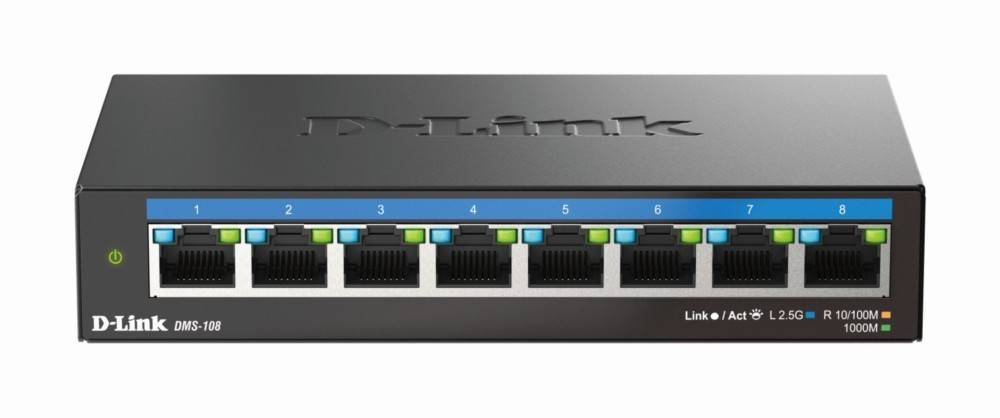 Ein schwarzer Netzwerk-Switch mit acht Ethernet-Ports, die von 1 bis 8 in abwechselnden Farben Grün und Blau beschriftet sind. Der Markenname ist oben aufgedruckt.