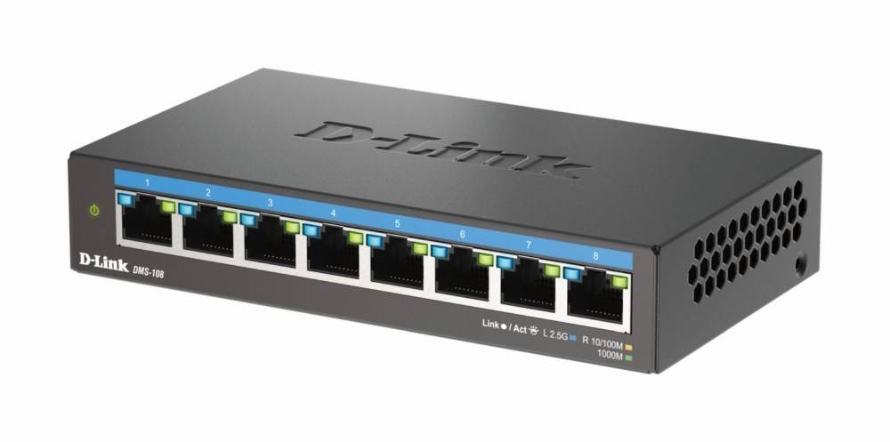 Ein schwarzer D-Link-Netzwerk-Switch mit acht Ethernet-Ports, von 1 bis 8 beschriftet, verfügt über Anzeigelichter, die den Verbindungs- und Aktivitätsstatus anzeigen.