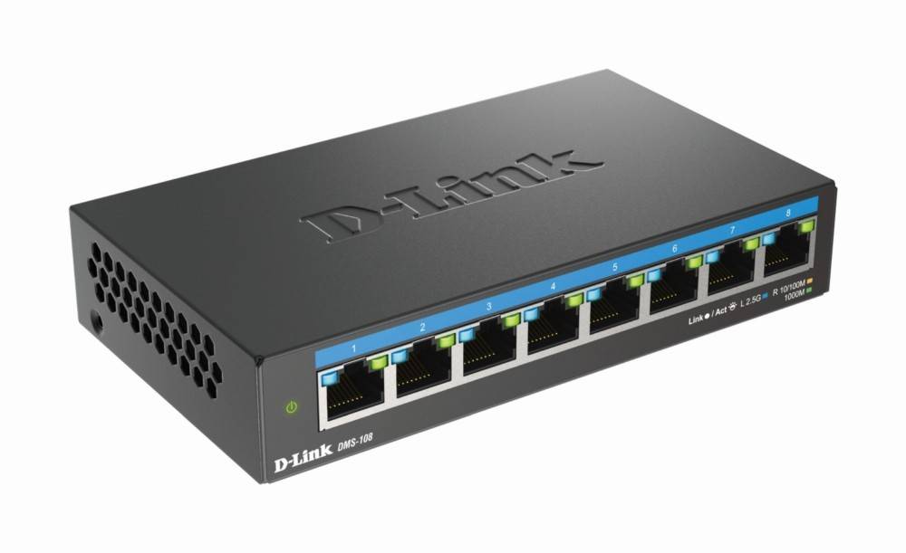 Ein schwarzer D-Link DMS-108 Netzwerk-Switch mit acht Ethernet-Ports, die jeweils über LED-Anzeigen verfügen, entwickelt für Konnektivität in Netzwerkumgebungen.