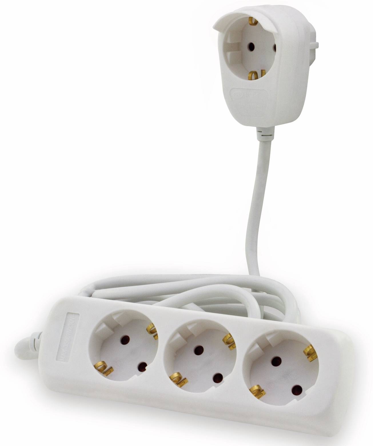Ein weißer dreifach-Stromverteiler mit einem zweipuligen Stecker, Spiralkabel und einer schaltbaren Steckdose, konzipiert für elektrische Geräte.