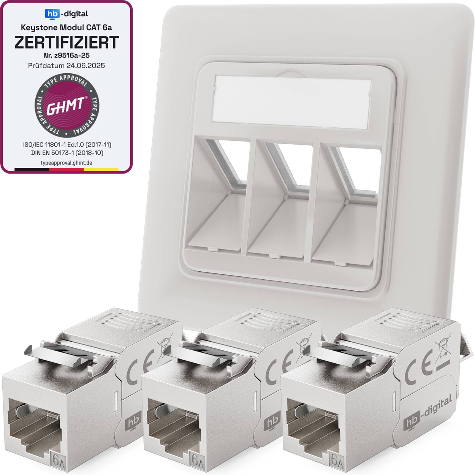 hb-digital Netzwerk Dose mit 3 x Keystone Modul CAT 6a Patchdose RJ45 Unterputz RAL9003