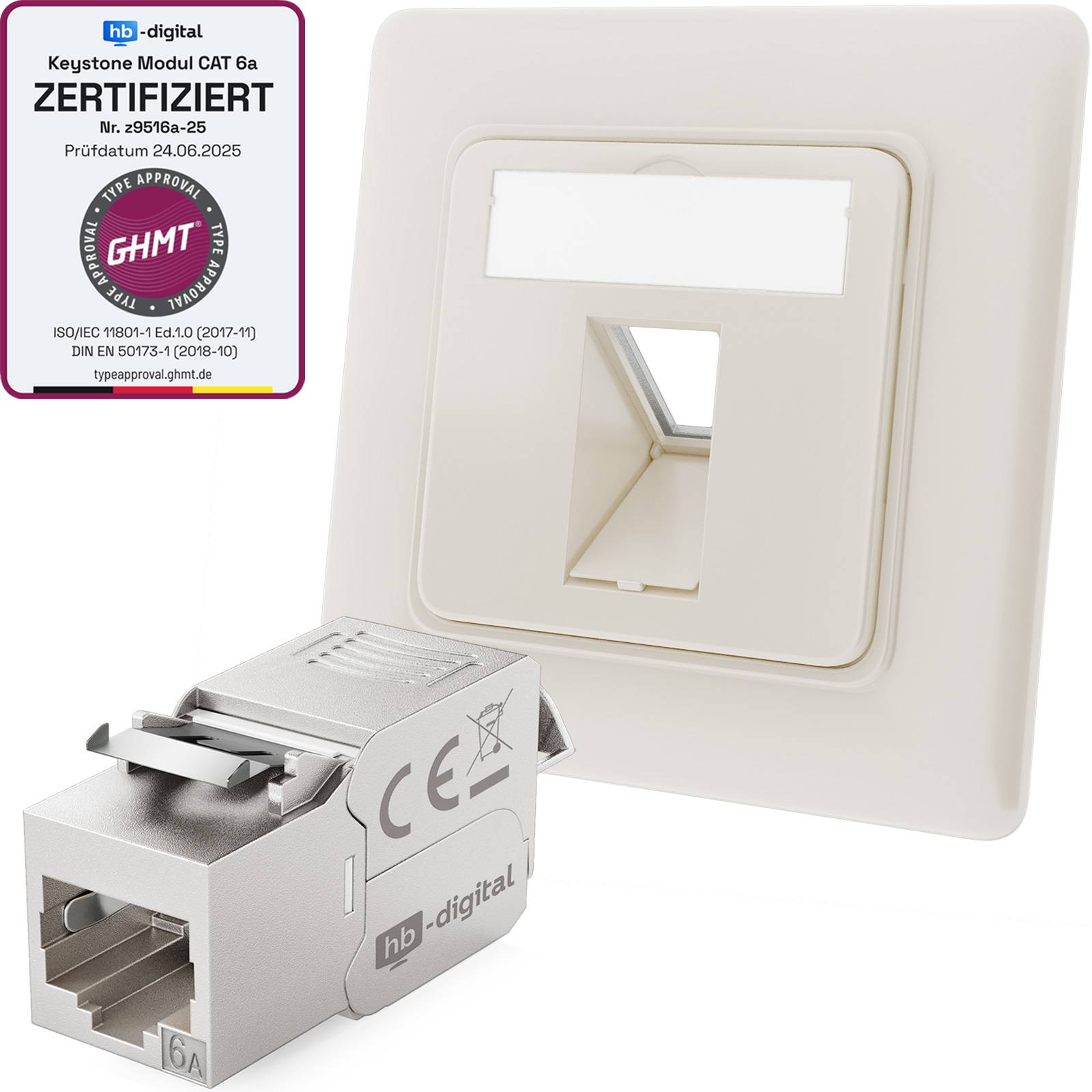hb-digital Netzwerkdose 1 Port mit 1 x Keystone Modul CAT 6a Daten Dose RJ45 Unterputz RAL9010