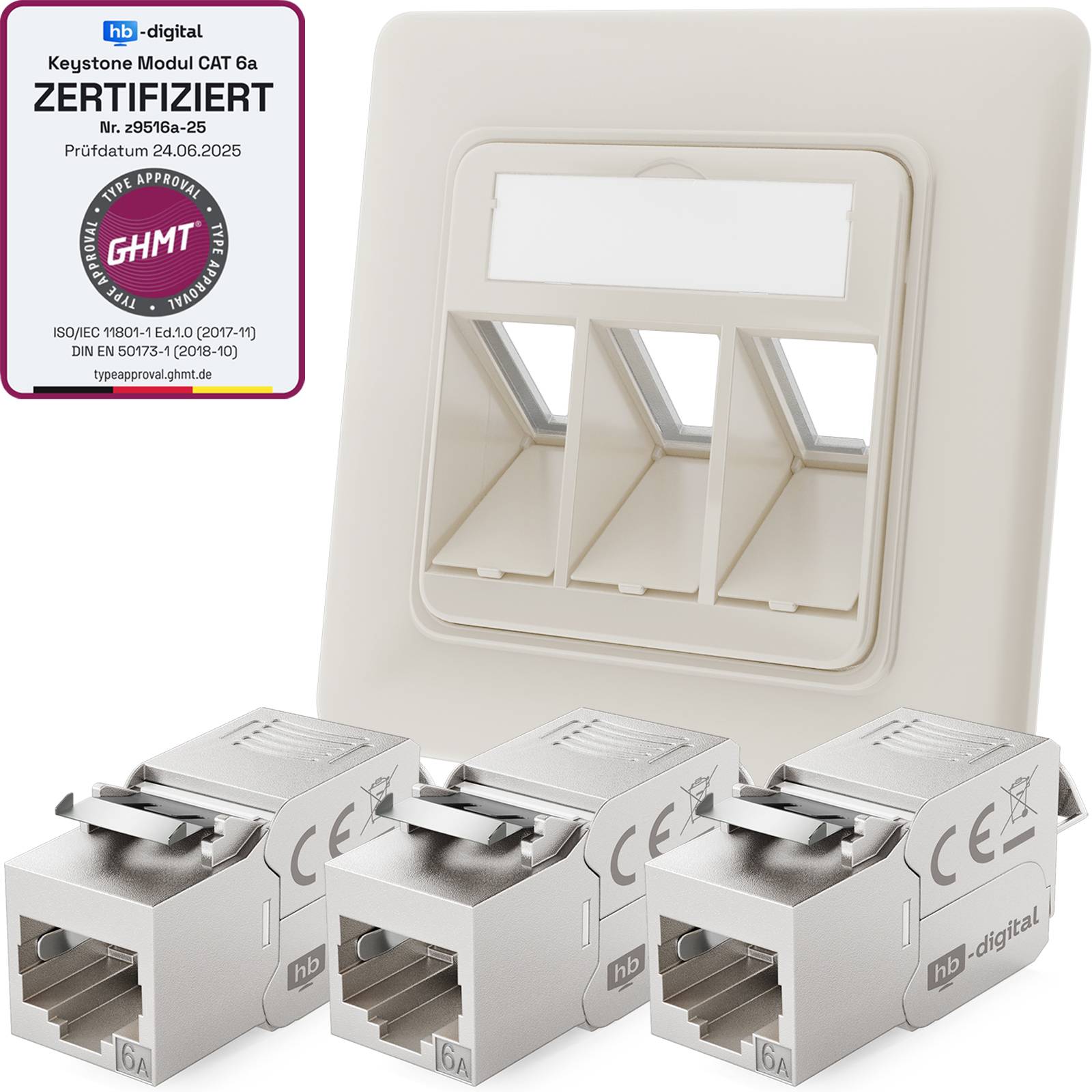 hb-digital Netzwerkdose 3 Port mit 3 x Keystone Modul CAT 6a RJ45 Unterputz RAL9010