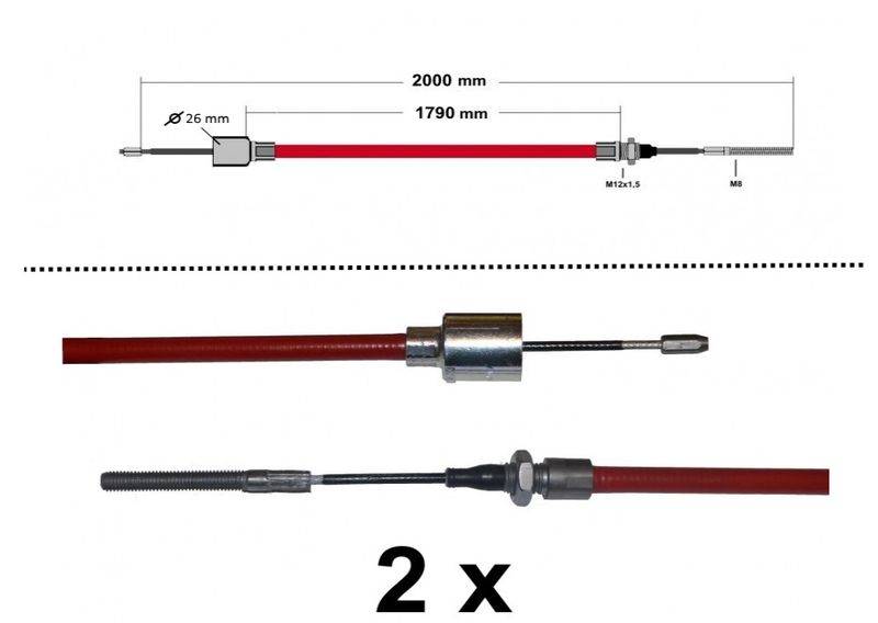 ALKO - Bremsseil 2 Stück - Longlife - HL: 1790mm - GL: 2000mm mit Gewinde, Pressnippel + Glocke