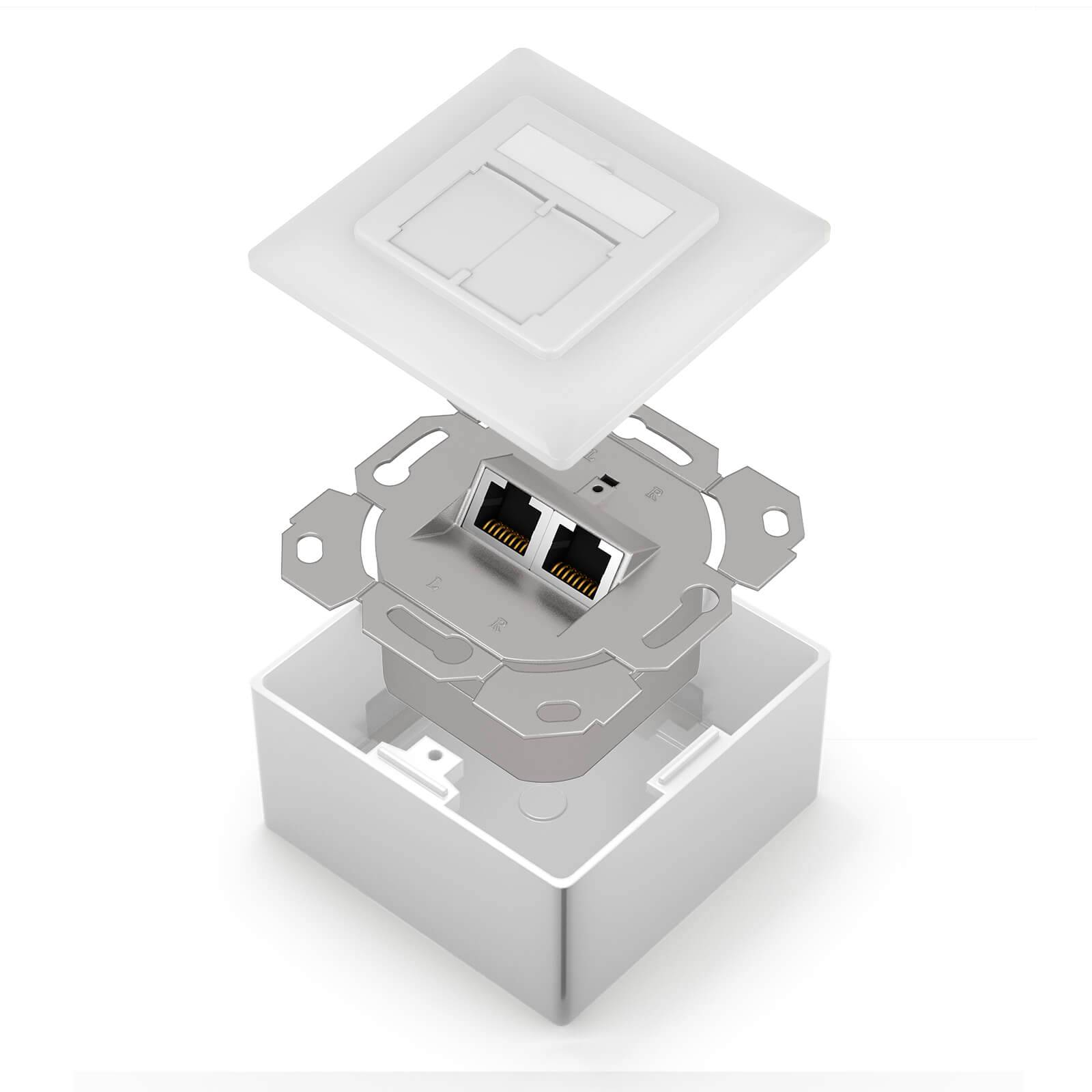 hb-digital LAN Dose CAT 6a Netzwerkdose Aufputz / Unterputz 2 x RJ45 RAL9003