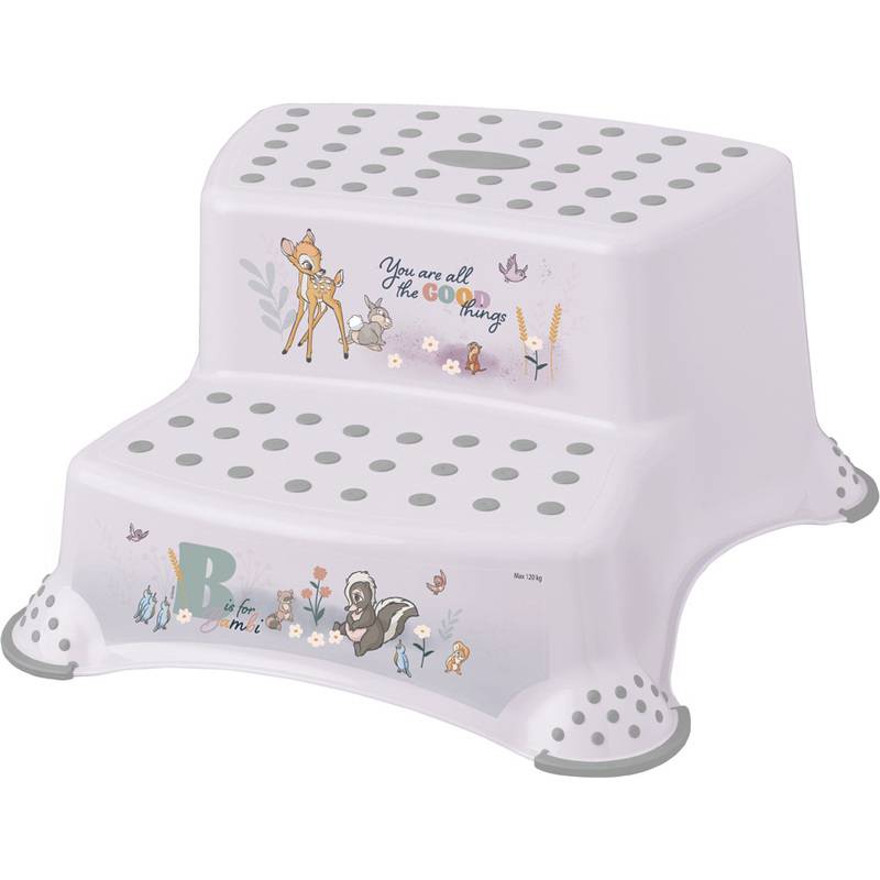 Hellviolette zweistufige Kindertreppe mit punktierten Laufflächen und Disney-Bambi-Grafiken, einschließlich des Textes „You are all the good things