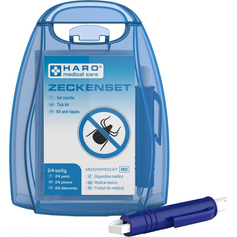 Blauerzeckenentfernungskit in einem Kunststoffkoffer mit der Aufschrift 'HART medical care ZECKENSET', mit einem Zeckensymbol und einem daneben gezeigten Zeckenentfernungsstift.