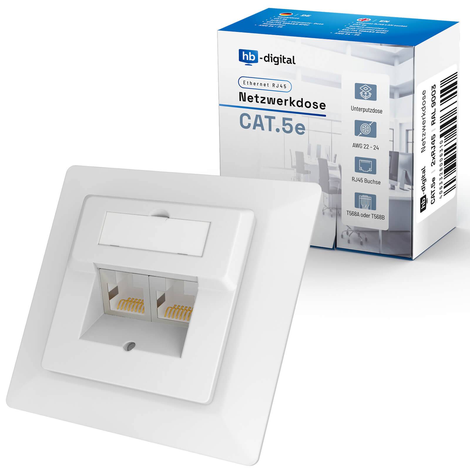 hb-digital LAN Dose CAT 5e Netzwerkdose Unterputz 2 x RJ45 RAL9003