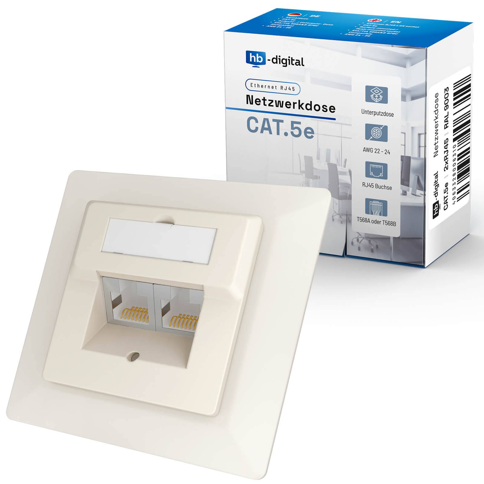 hb-digital LAN Dose CAT 5e Netzwerkdose Unterputz 2 x RJ45 RAL9010
