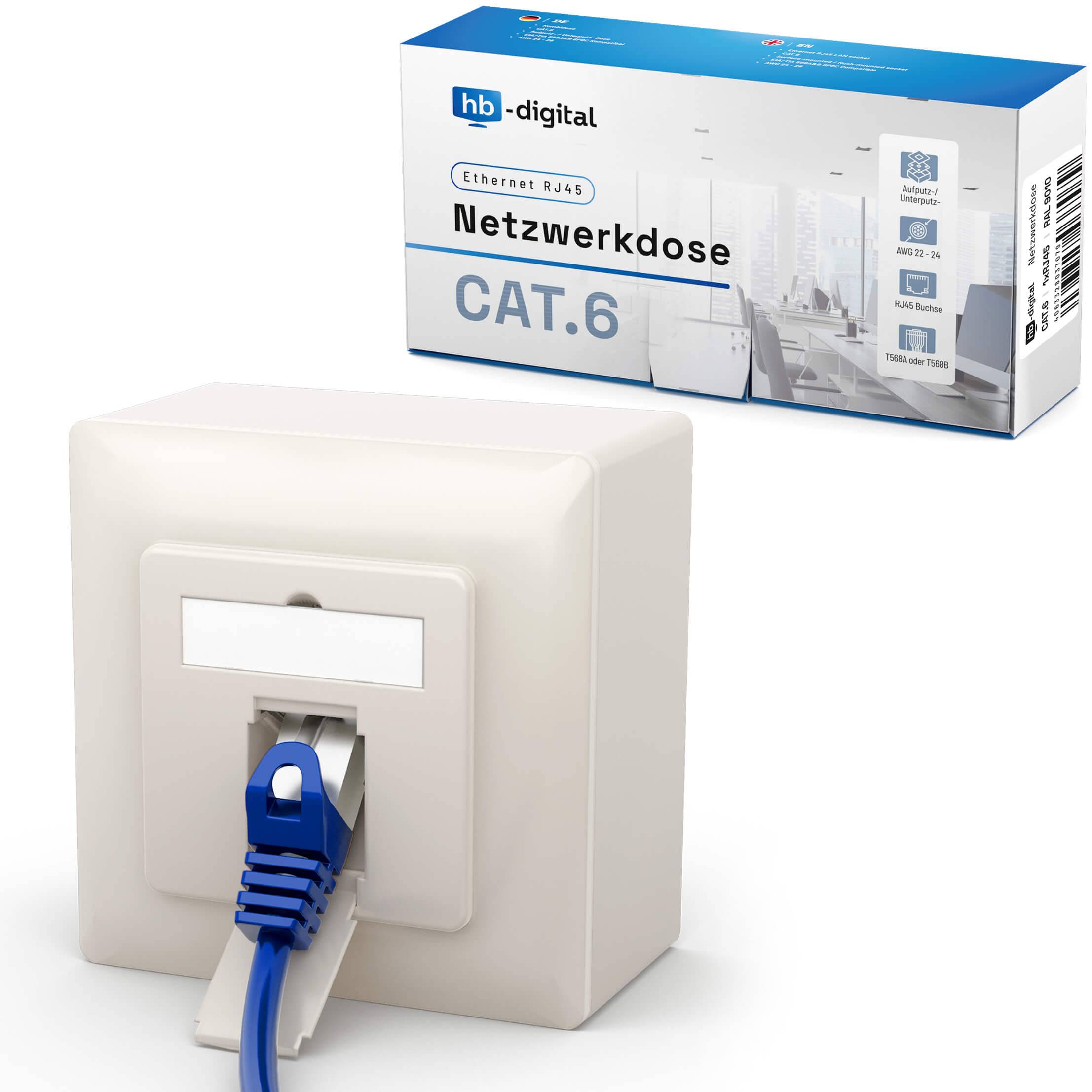 hb-digital LAN Dose CAT 6 Netzwerkdose Aufputz / Unterputz 1 x RJ45 RAL9010