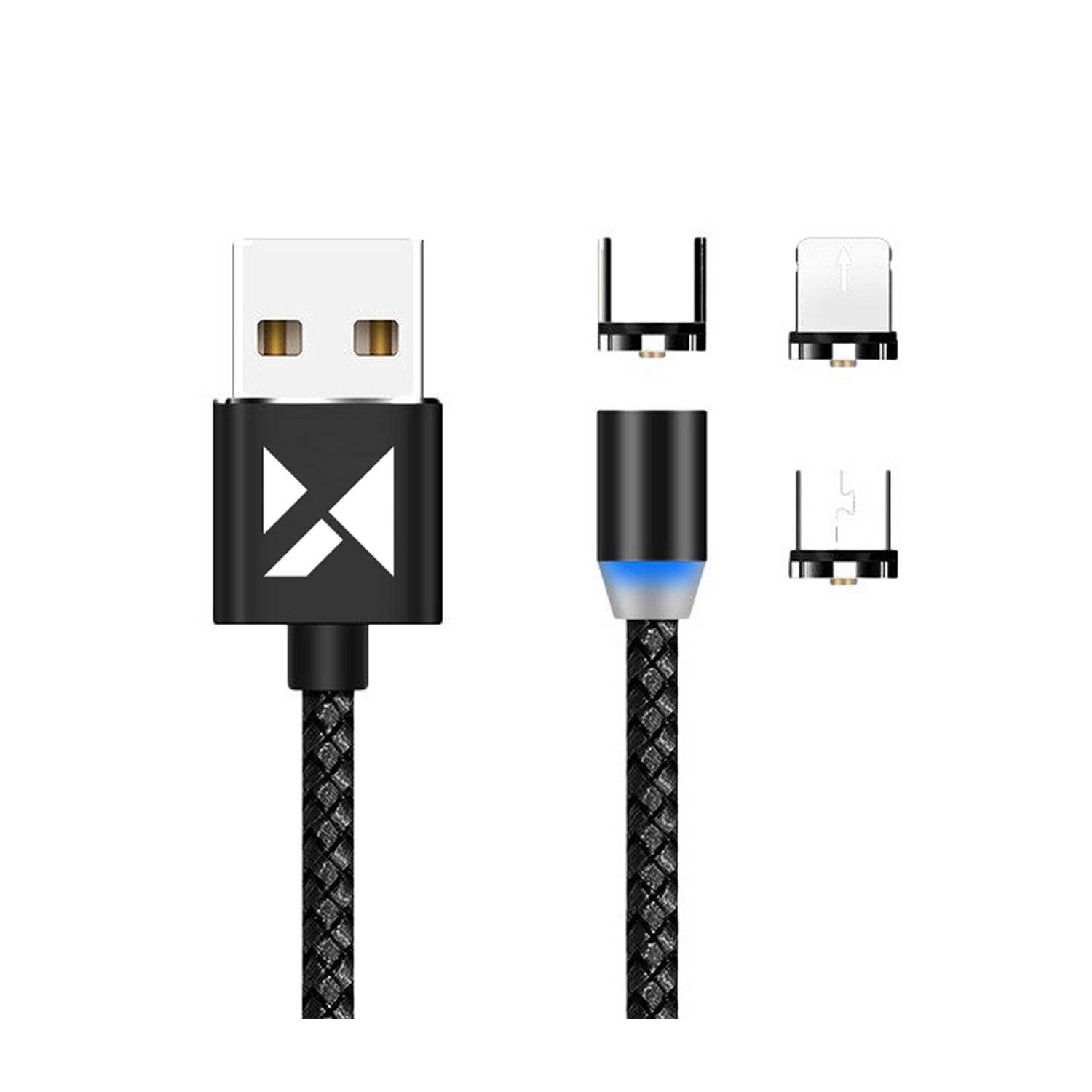 Magnetkabel USB / Micro USB / USB Type C / iPhone-Anschluss Kabel 2.4A 1m mit LED Schwarz (WMC-01)