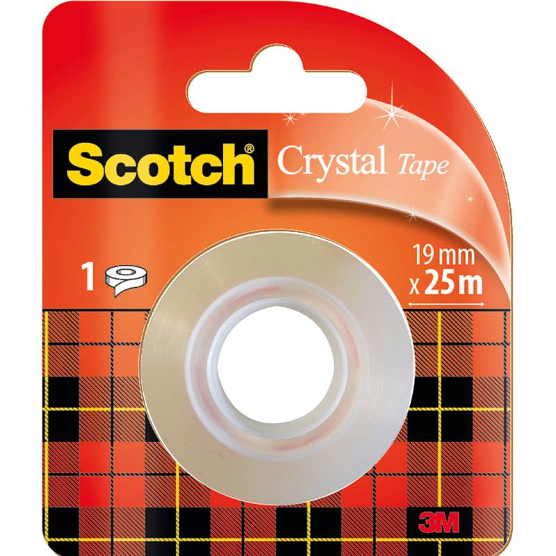 Scotch Crystal Klebeband in Verpackung, 19mm x 25m, mit Karomuster und Produktabbildung. Geeignet für Heim- oder Bürogebrauch.
