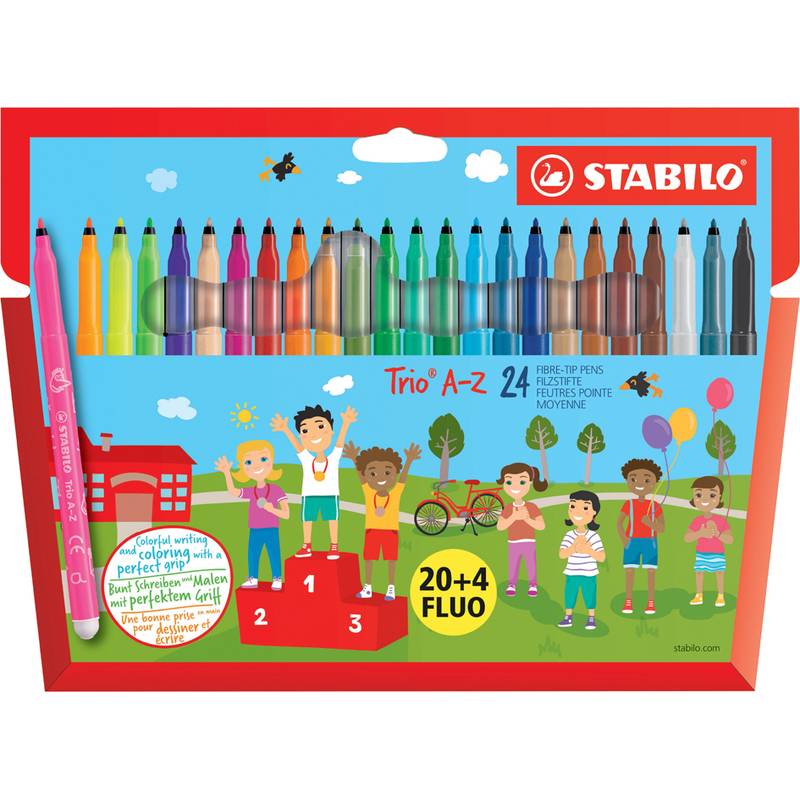STABILO Trio A-Z 24er-Packung Farbstift-Set mit Filzstiftspitzen in Reihen mit sortierten Stiftfarben und illustrierten Kindern im Freien.