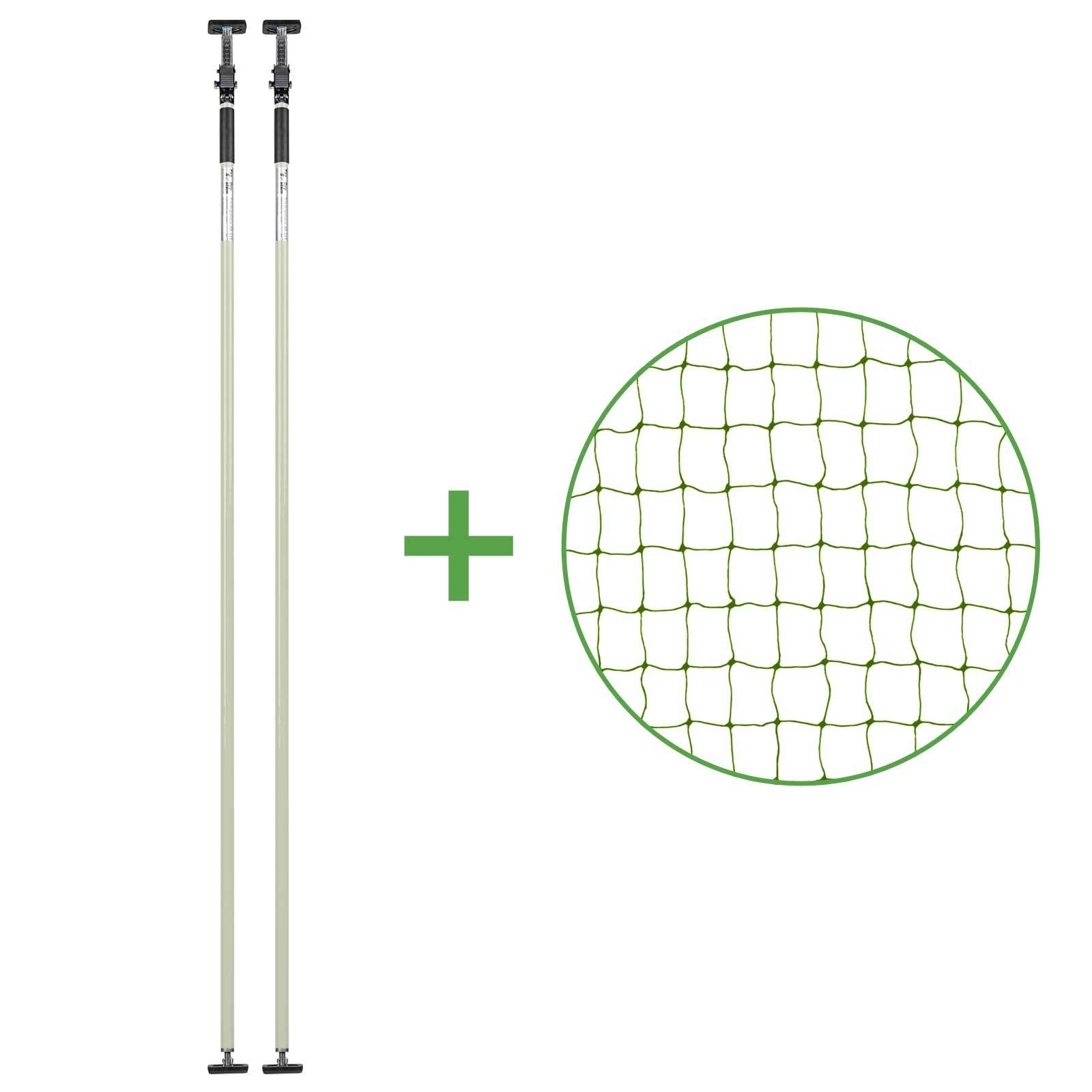 Set - Katzenschutznetz Dunkelgrün (drahtverstärkt) 3x3 m + 2 Teleskopstützen Weiß 199-360 cm