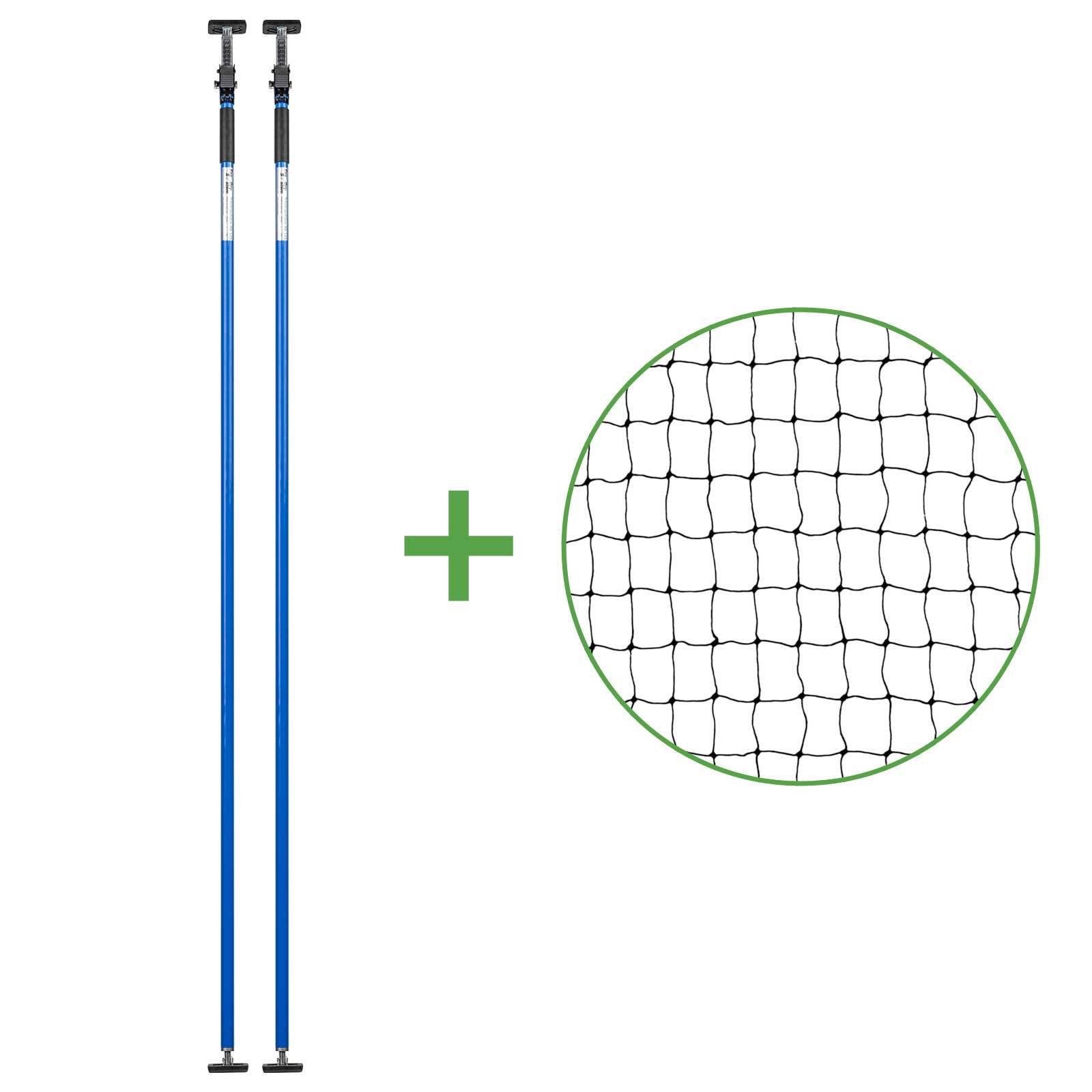 Set - Katzenschutznetz Schwarz (drahtverstärkt) 6x3 m + 2 Teleskopstützen Blau 199-360 cm