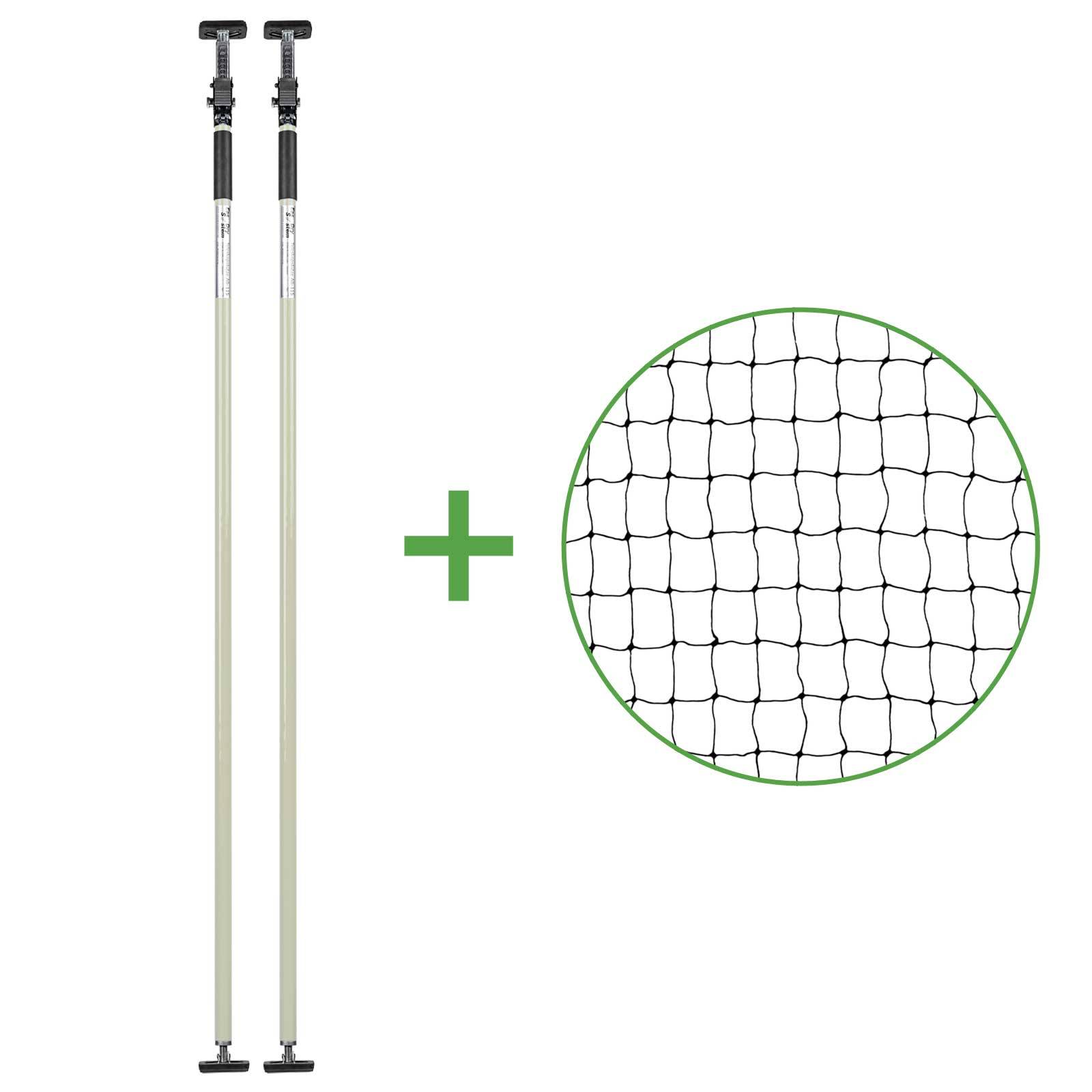 Set - Katzenschutznetz Schwarz (drahtverstärkt) 6x3 m + 2 Teleskopstützen Weiß 160-290 cm
