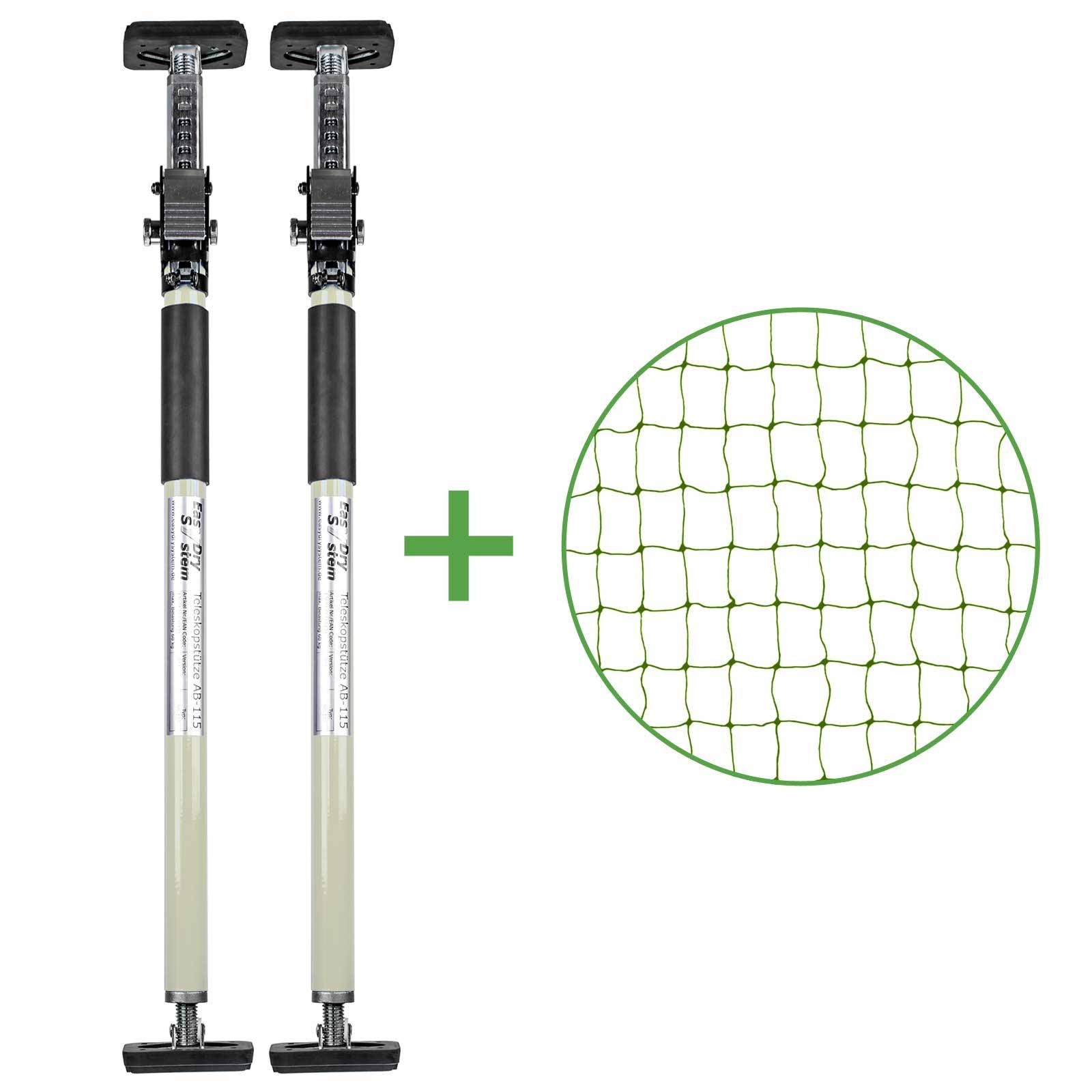 Set - Katzenschutznetz Dunkelgrün (drahtverstärkt) 4x3 m + 2 Teleskopstützen Weiß 65-115 cm