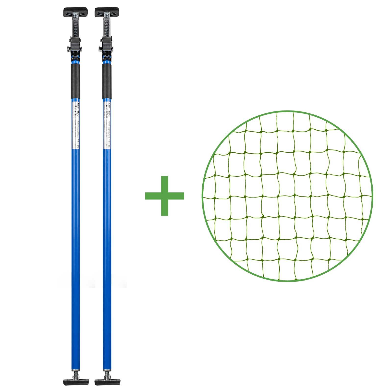 Set - Katzenschutznetz Dunkelgrün (drahtverstärkt) 6x3 m + 2 Teleskopstützen Blau 101-175 cm