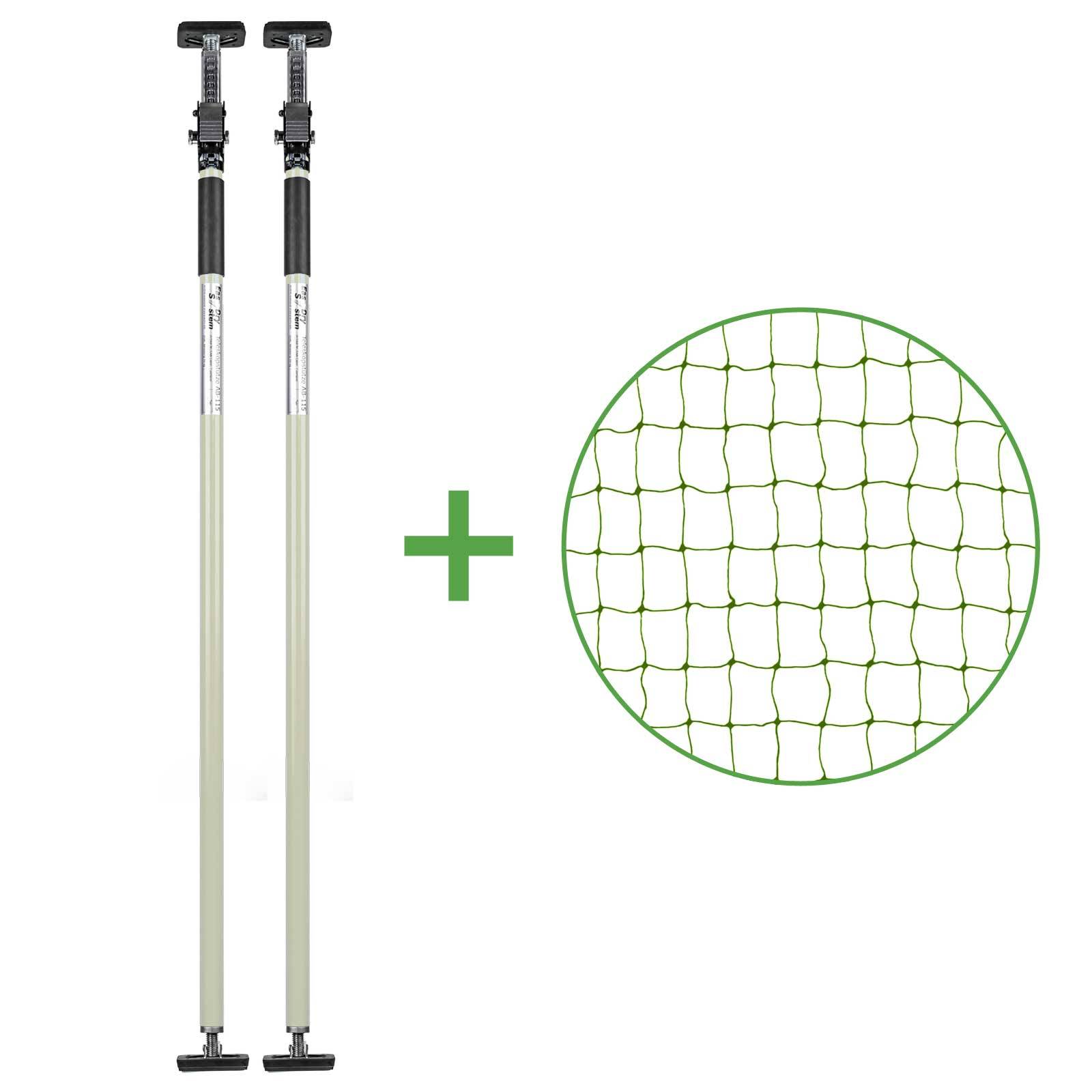 Set - Katzenschutznetz Dunkelgrün (drahtverstärkt) 3x3 m + 2 Teleskopstützen Weiß 101-175 cm