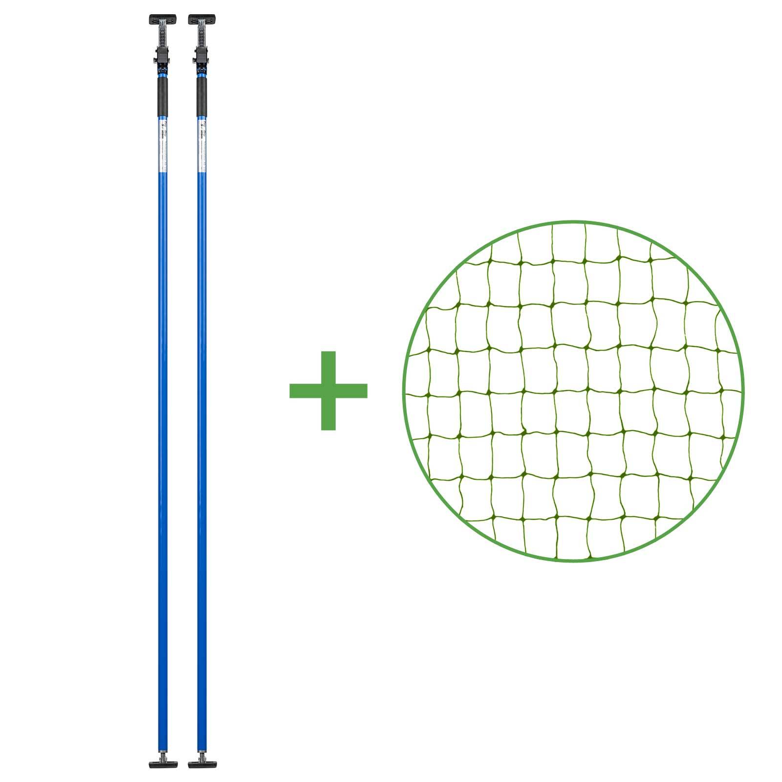 Set - Katzenschutznetz Dunkelgrün (drahtverstärkt) 6x3 m + 2 Teleskopstützen Blau 199-360 cm