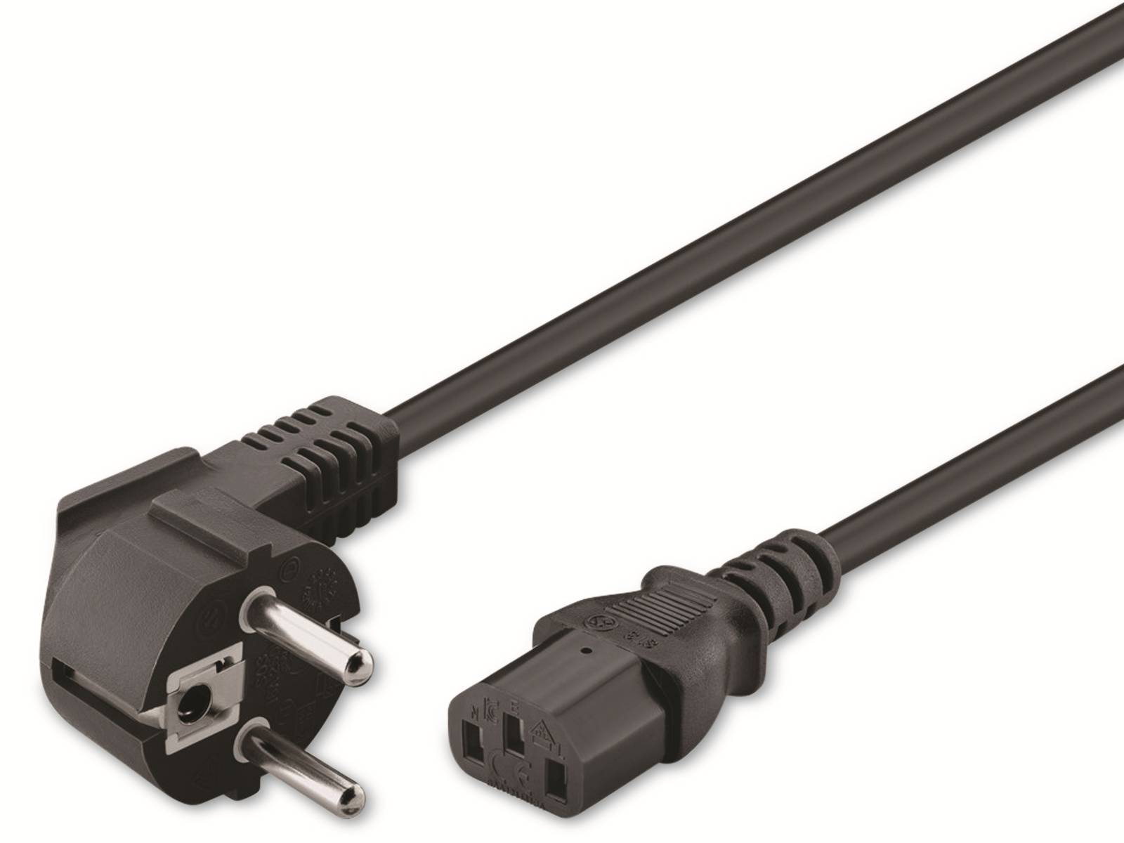 Ein schwarzes Stromkabel mit einem europäischen Stecker auf der einen Seite und einem IEC-Stecker auf der anderen Seite, konstruiert für elektrische Geräte.