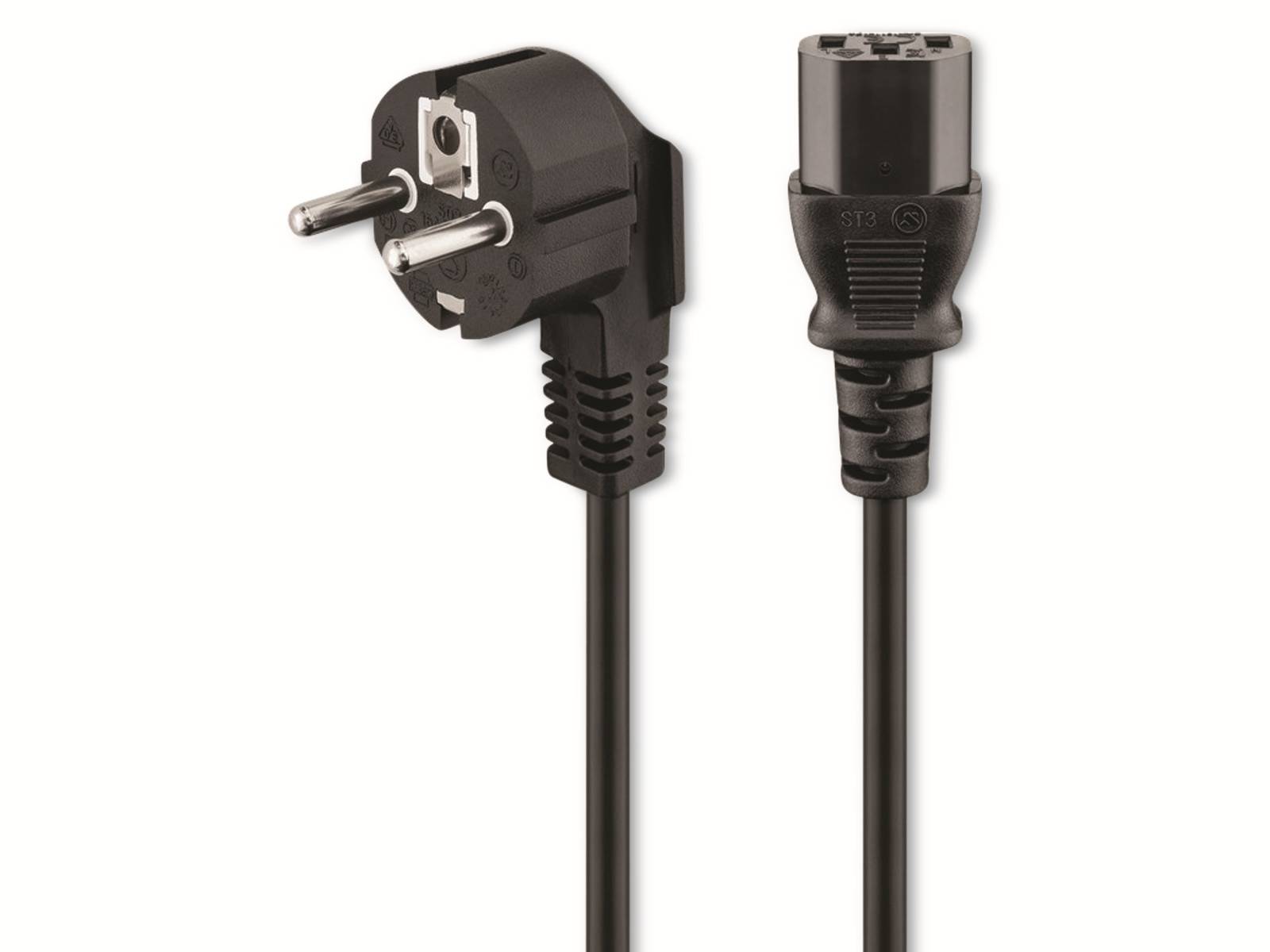 Ein schwarzer Stromstecker mit europäischem Zweipoldesign und einem schwarzen Stecker, beide an einem Kabel befestigt, auf weißem Hintergrund.