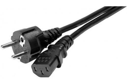 Schwarzes Stromkabel mit europäischem zweipoliger Stecker und IEC-Gerätestecker auf weißem Hintergrund.