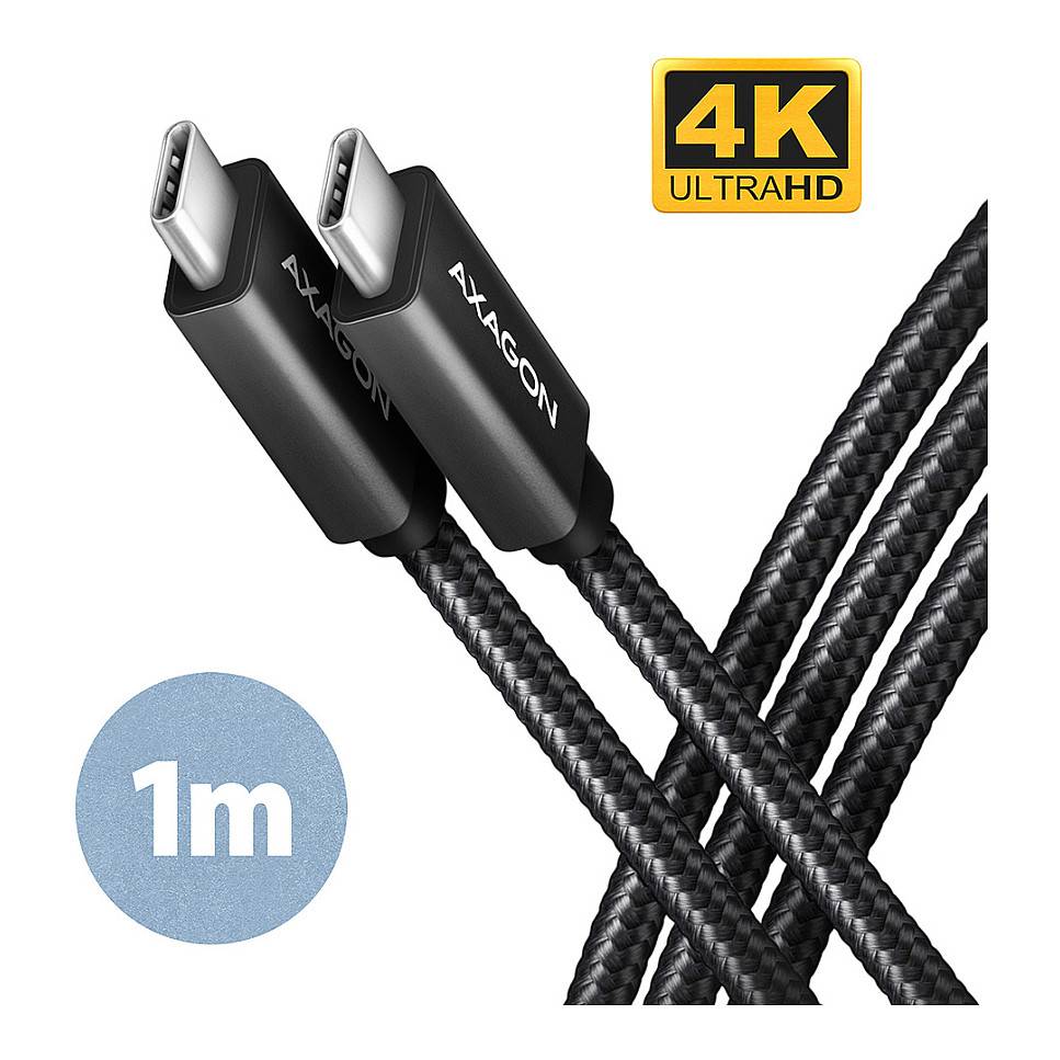 Geflochtenes schwarzes USB-C-Kabel mit zwei Anschlüssen, beschriftet mit 1m und 4K Ultra HD.