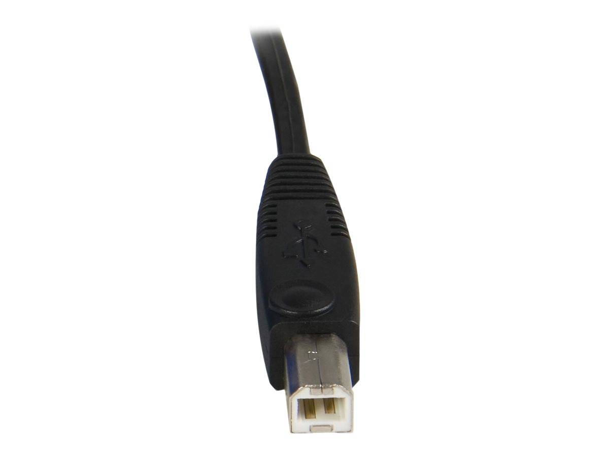 Nahaufnahme eines schwarzen USB-Kabels mit einem USB-B-Stecker auf einem schlichten weißen Hintergrund.