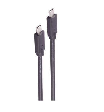 Zwei schwarze USB-C-Kabel aufrecht auf weißem Hintergrund angeordnet, mit sichtbaren Anschlüssen an der Oberseite.