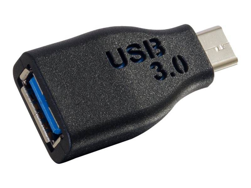 Schwarzer USB 3.0-Adapter mit einem Micro-USB-Stecker auf der einen Seite und einem blauen USB-A-Buchse auf der anderen Seite.