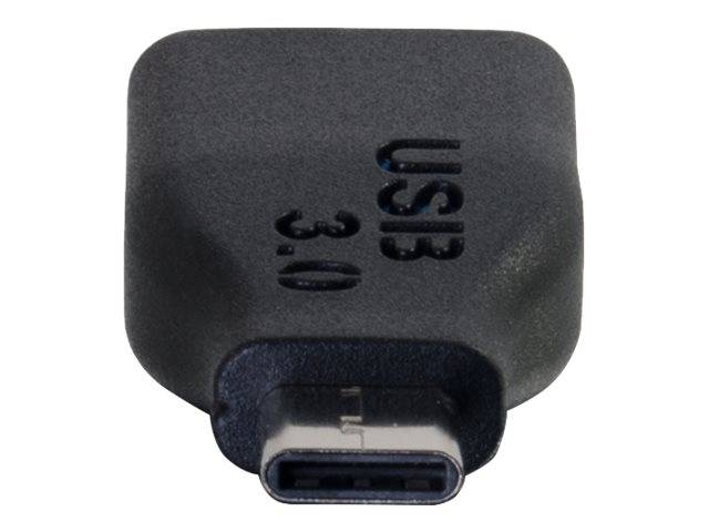 Nahaufnahme eines USB 3.0-Adapters mit einem USB-C-Stecker auf einer Seite und „USB 3.0" geprägt auf dem schwarzen Gehäuse.