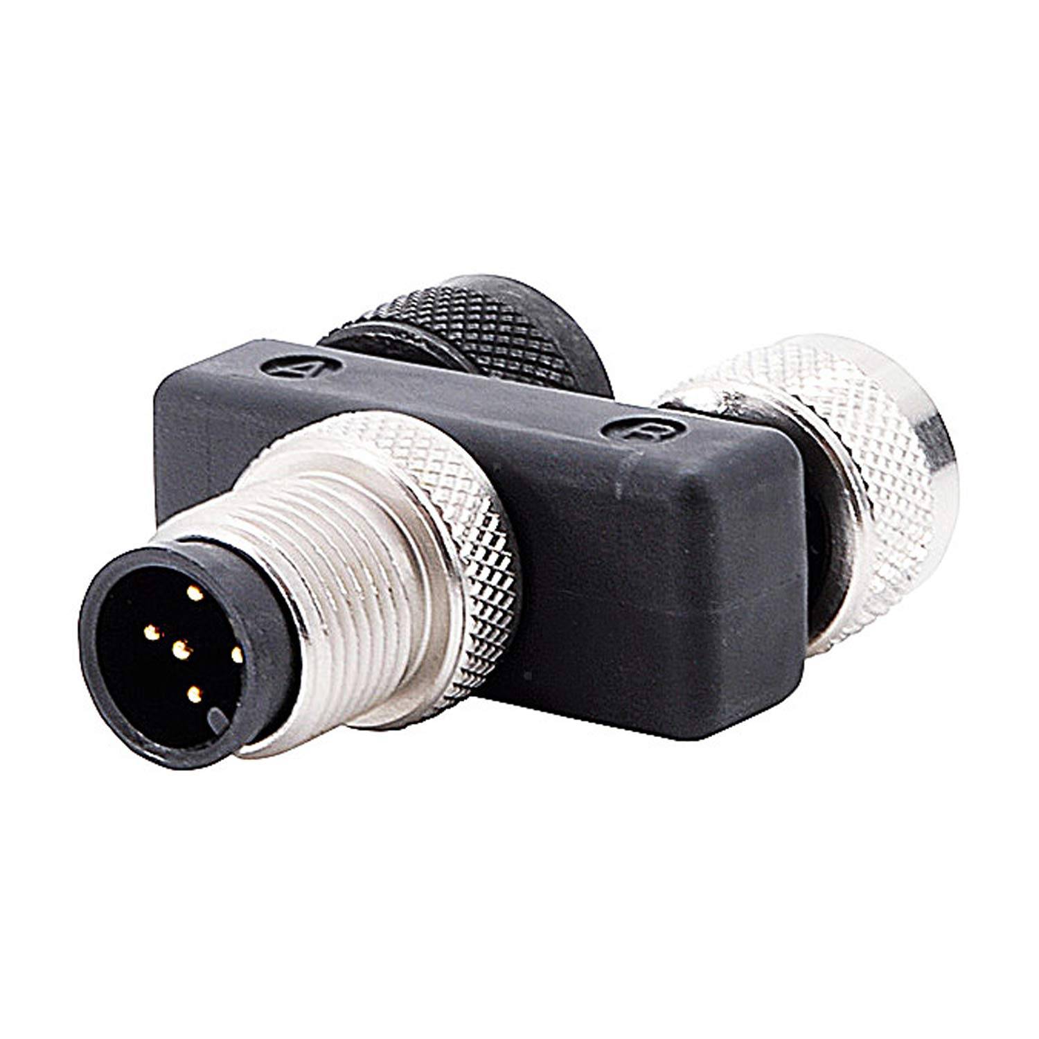 Ein mit 'A' codierter M12-T-Verbinder mit zwei kreisförmigen Anschlüssen und Metallgewinde, konzipiert für Industrieautomation und Sensorkonnektivität.