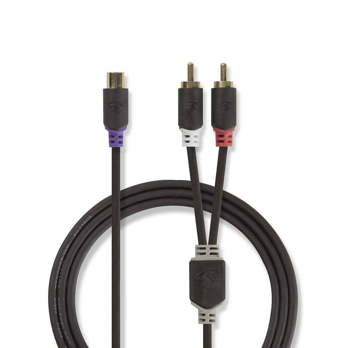Nedis Stereo-Audiokabel 2x RCA Male Female Verguld 0.20 m Rond Antraciet - Kabel - Audio/Multimedia