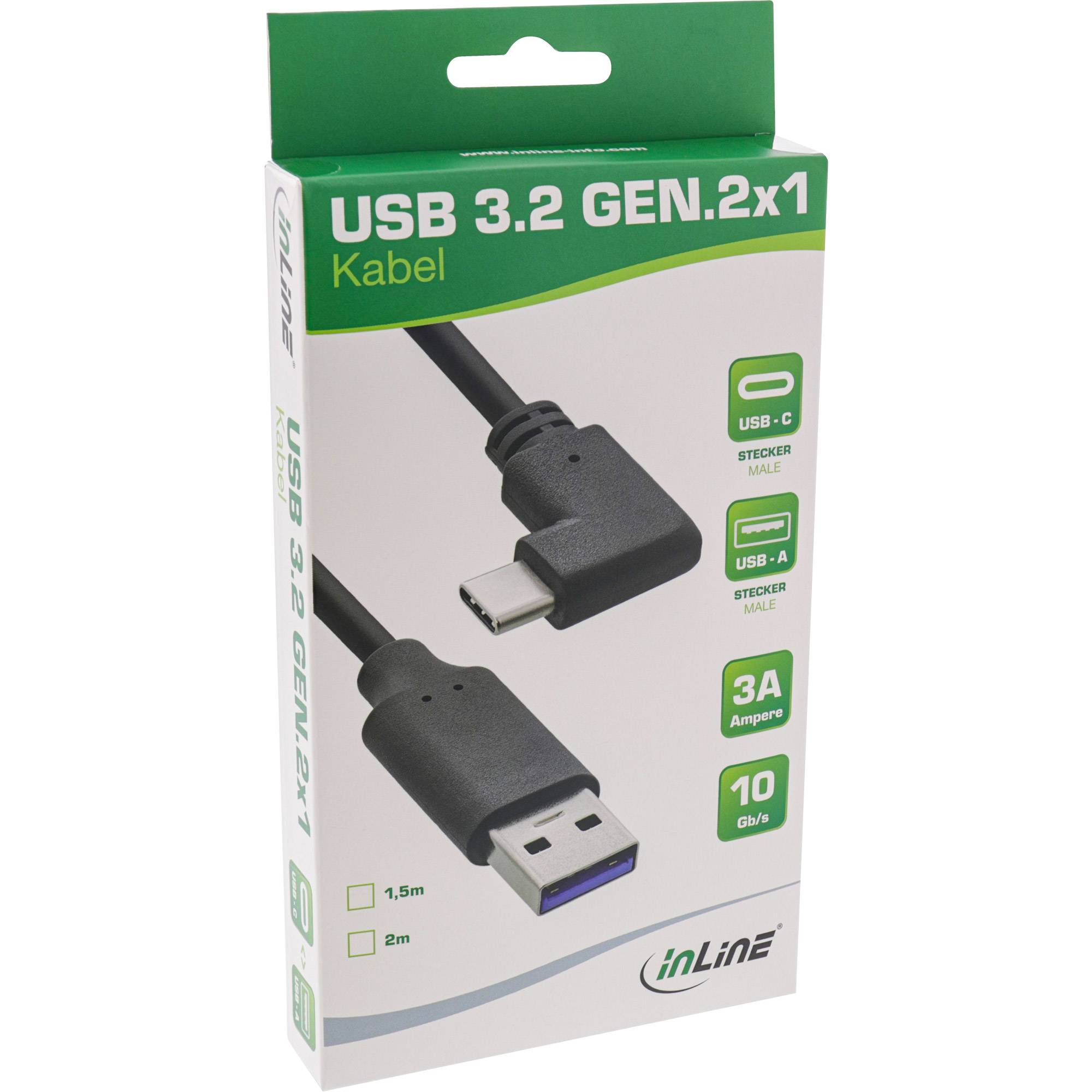 INLINE - USB 3.2 Kabel - USB-C Stecker gewinkelt an A Stecker - schwarz - 1,5m