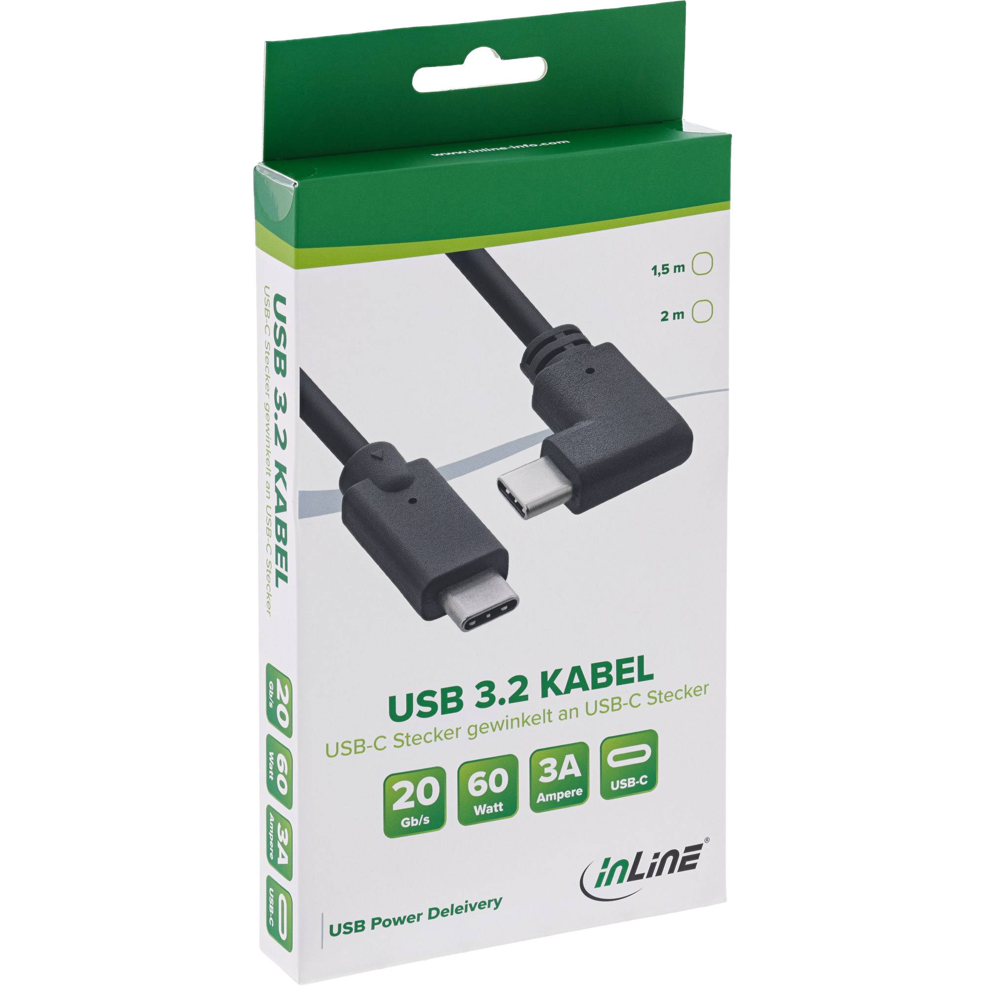 Verpackung für ein InLine USB 3.2-Kabel mit zwei gewinkelte USB-C-Steckern, gekennzeichnet mit 1,5 m und 2 m, 20 Gbit/s, 60 W, 3 A, USB Power Delivery.